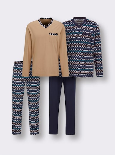 wäschepur men Schlafanzüge - marine-bedruckt + camel-bedruckt