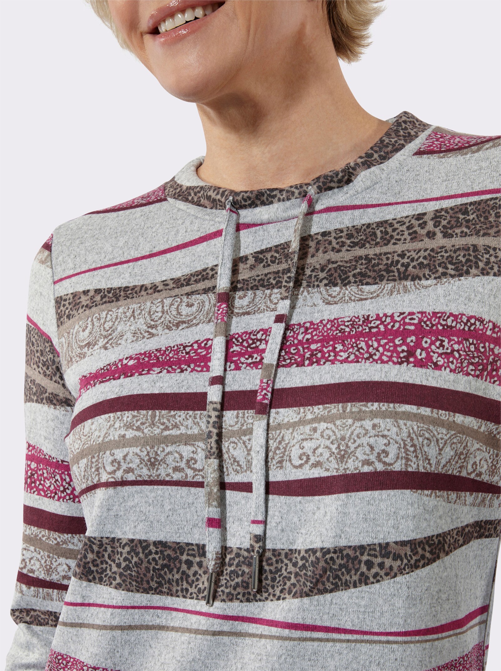 Stehkragenshirt in Melange-Optik - burgund-taupe-bedruckt