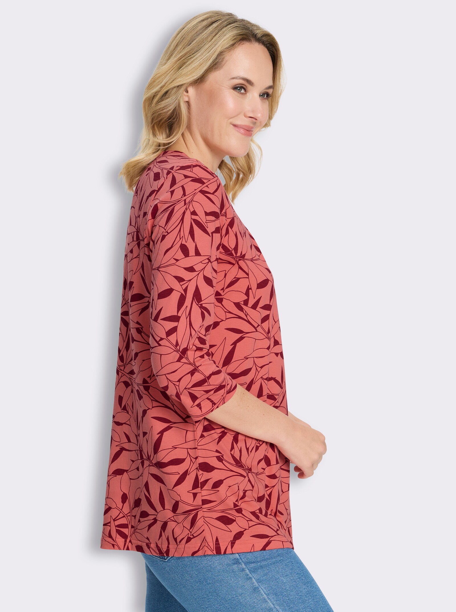 Longshirt mit Falten am Ausschnitt - koralle-kirsche-bedruckt