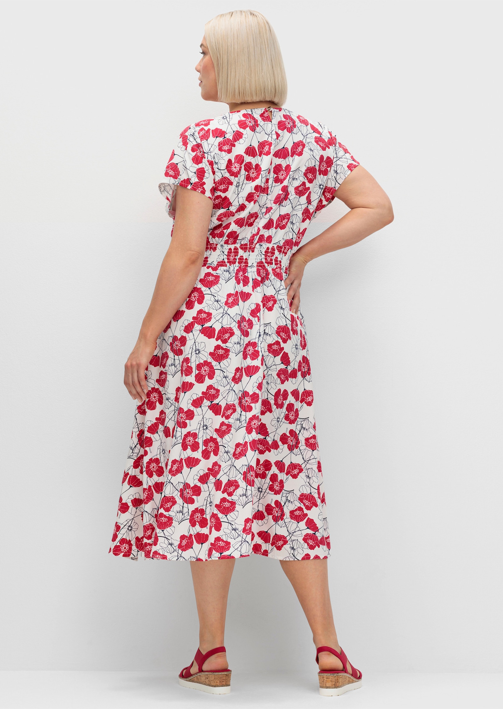 sheego Druckkleid mit Smokbund - ecru-gemustert