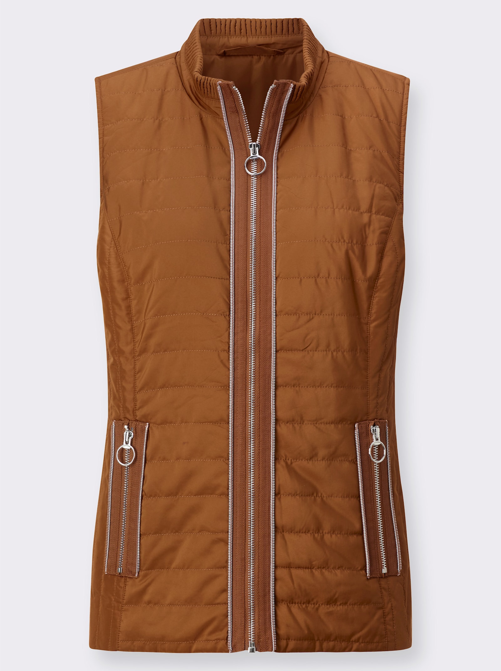 Gewatteerde jas met zilverkleurige details - cognac