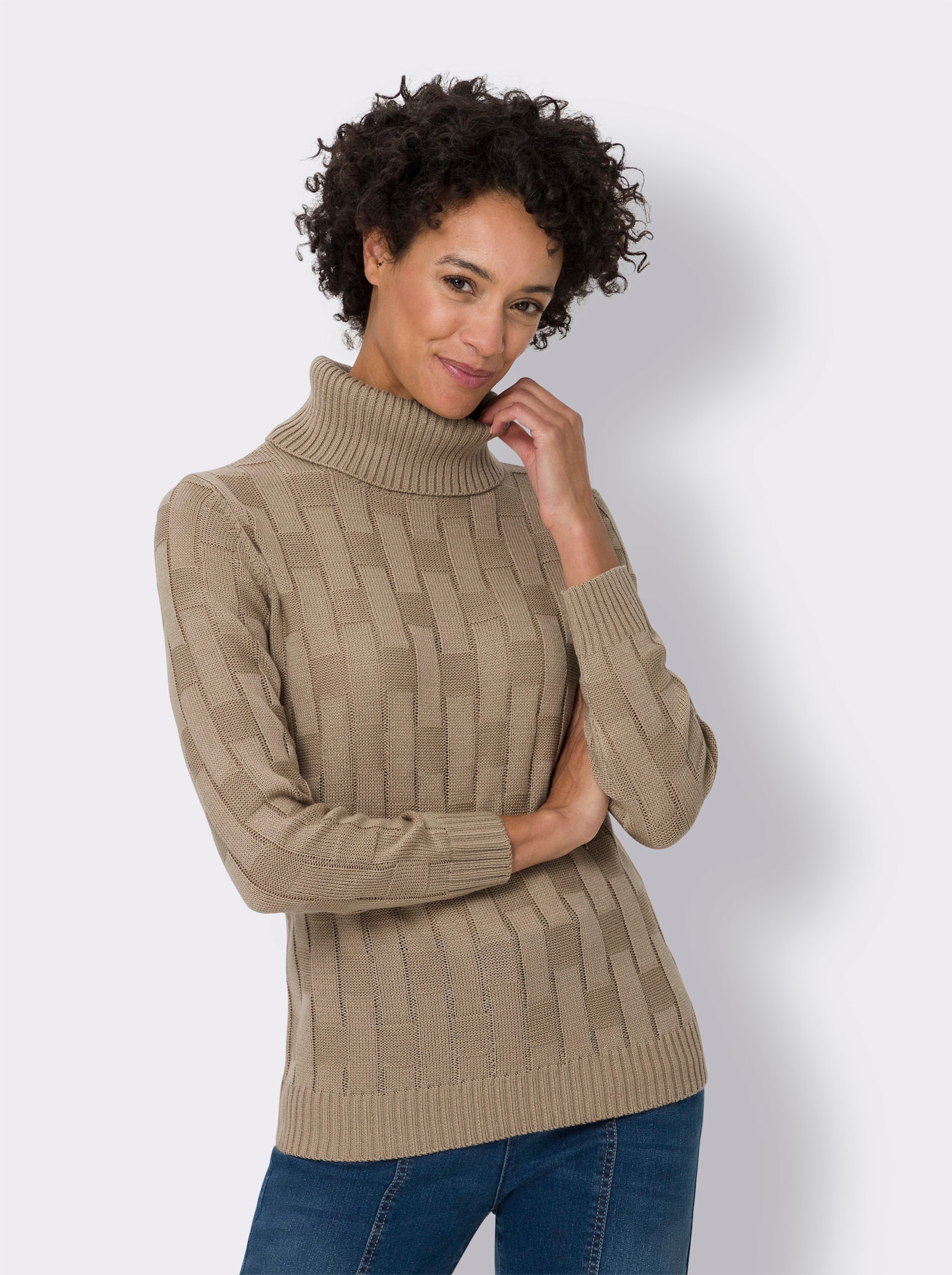 Pullover met rolkraag en ribboorden - beige