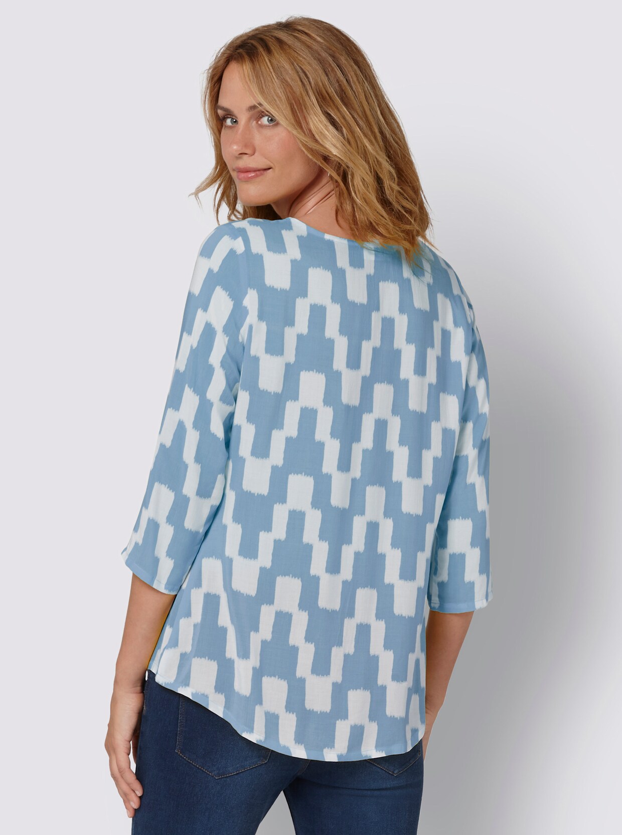 Comfortabele blouse - ijsblauw/wit bedrukt