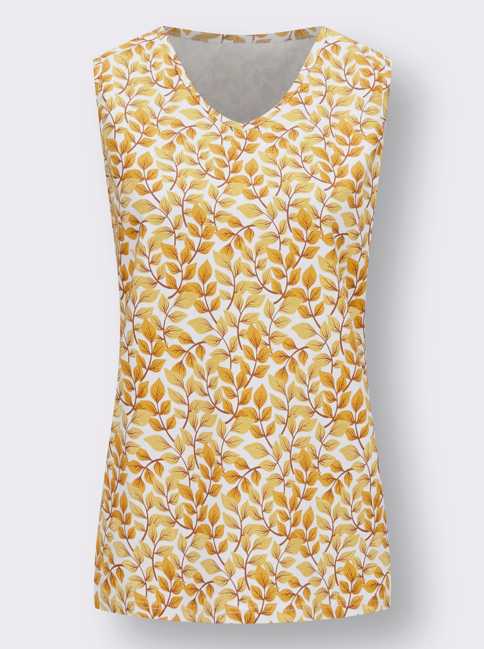 Top se vzorem listí - ecru-okrová-potisk