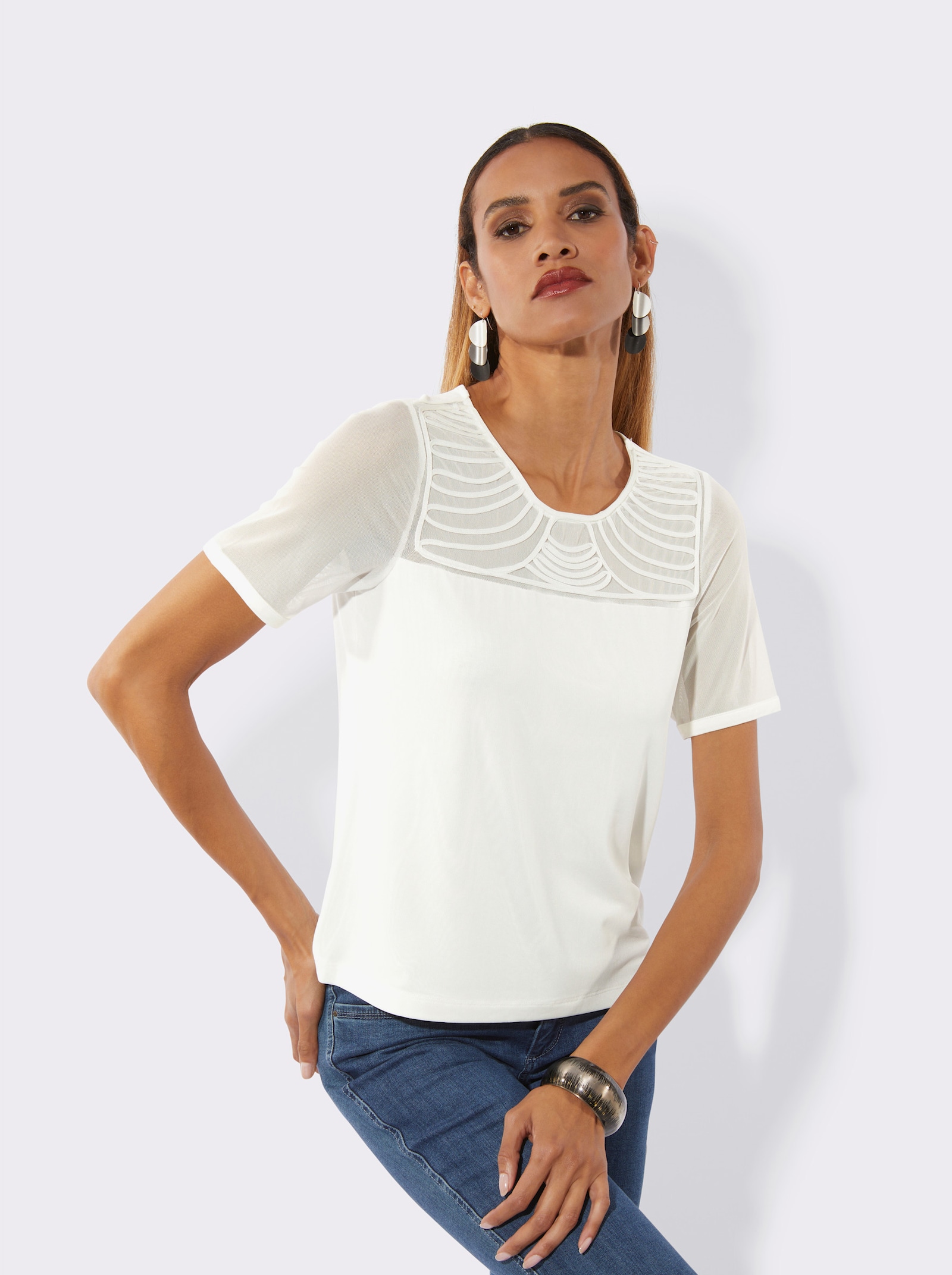 Kurzarmshirt mit Bändchen-Verzierung - ecru