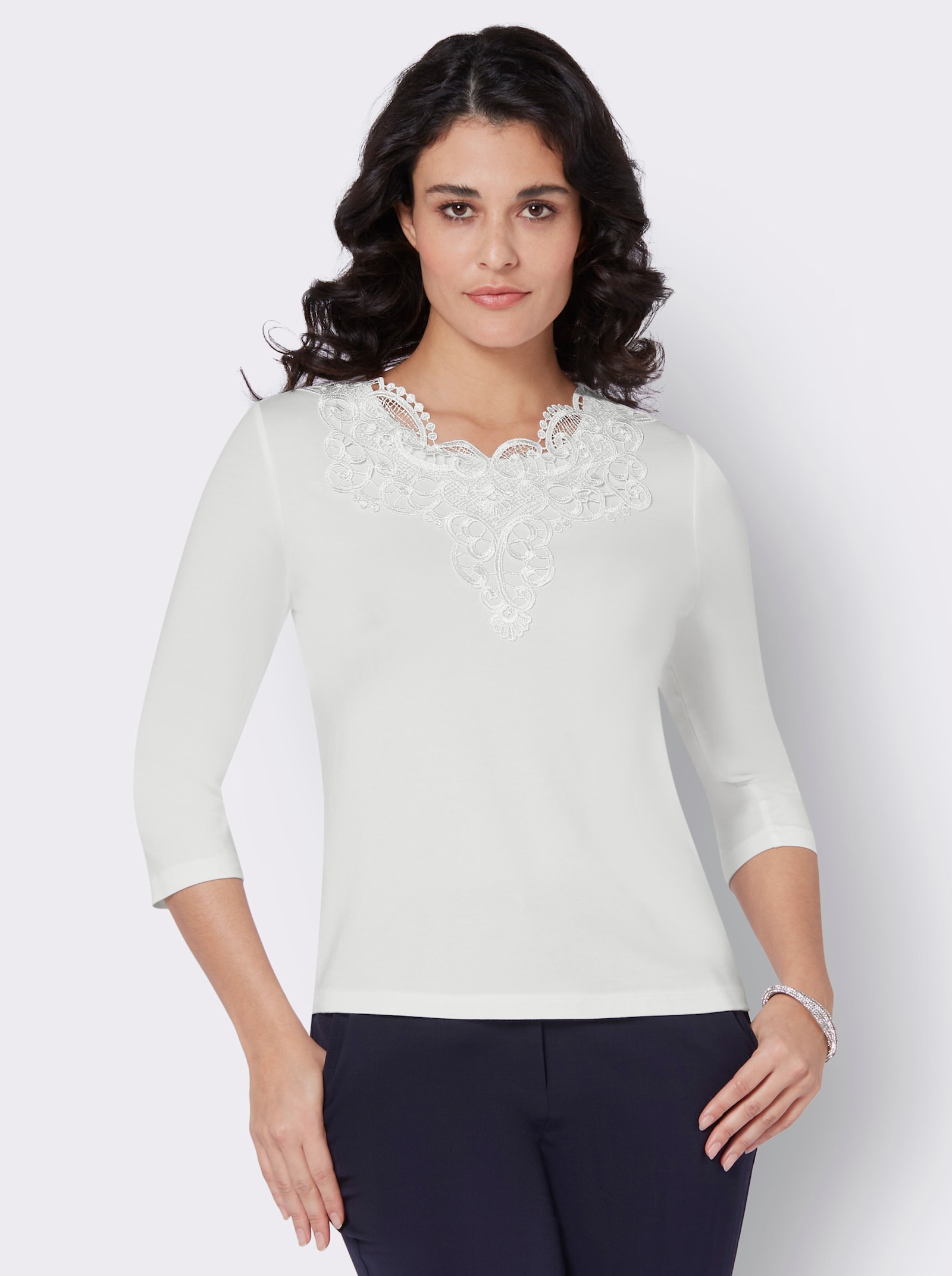 Spitzenshirt mit 3/4-Ärmeln - ecru