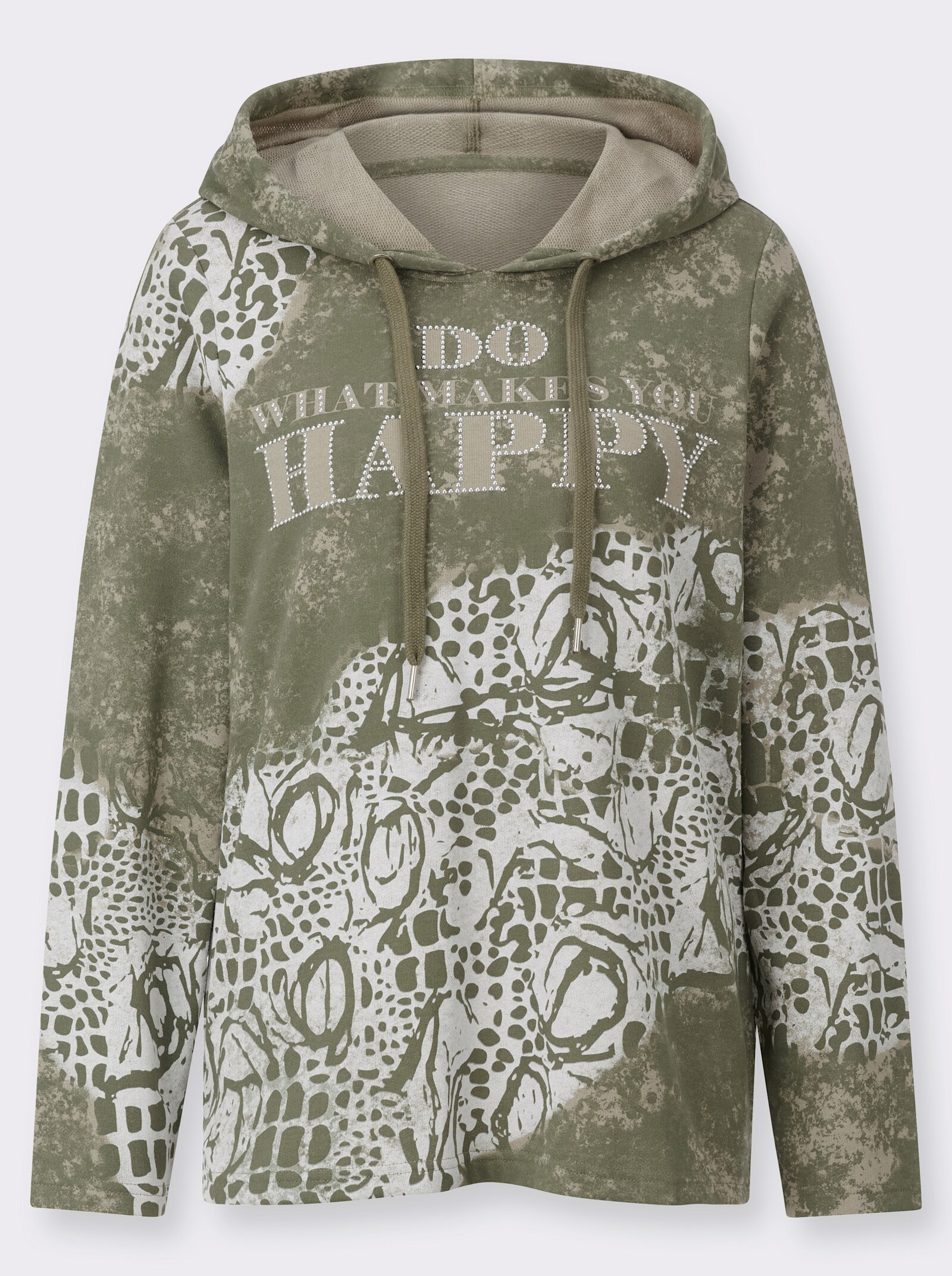  Sweatshirt mit Print und Glitzersteinchen - khaki-ecru-bedruckt