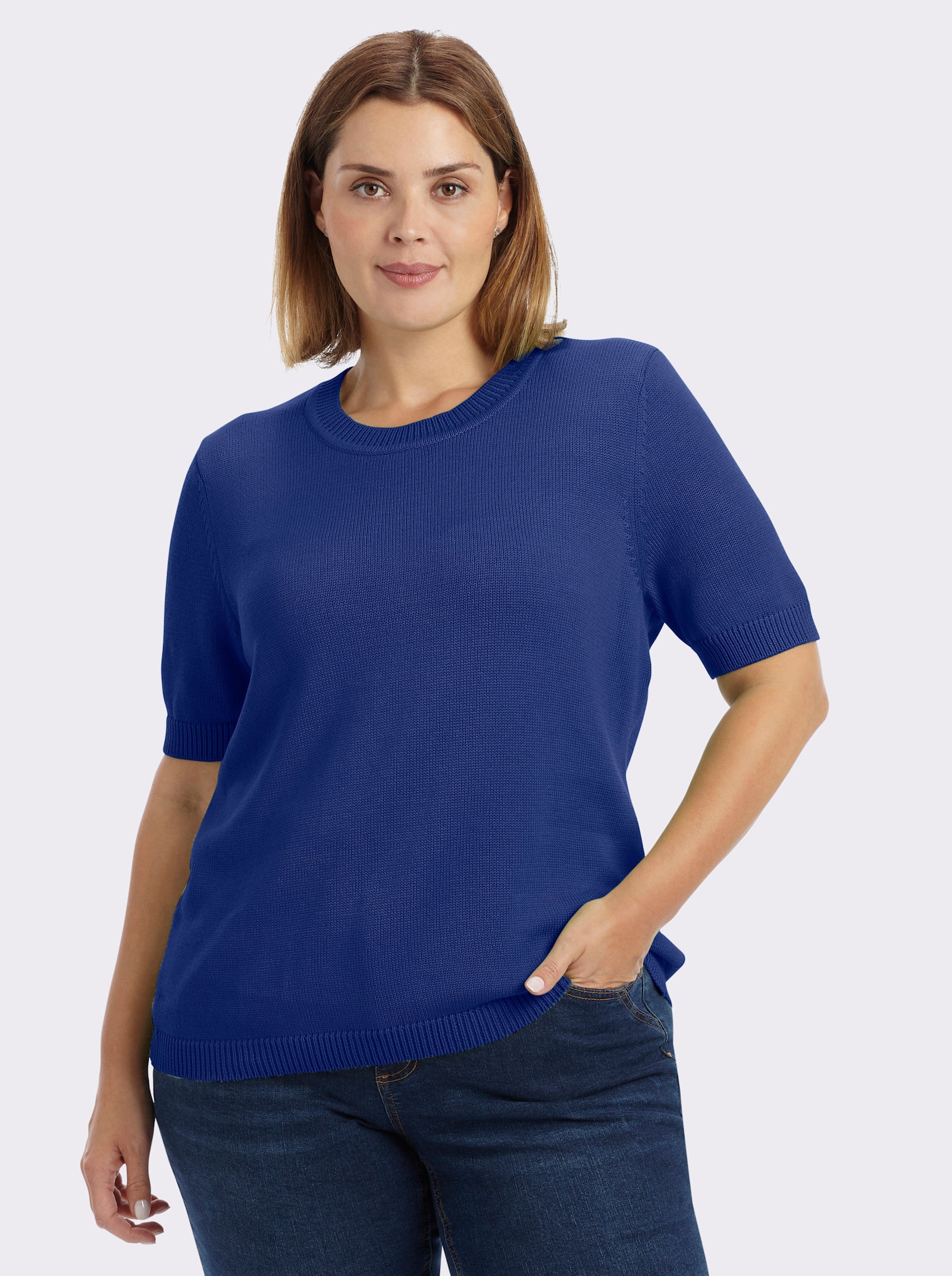 Kurzarmpullover mit Rippabschlüssen - royalblau