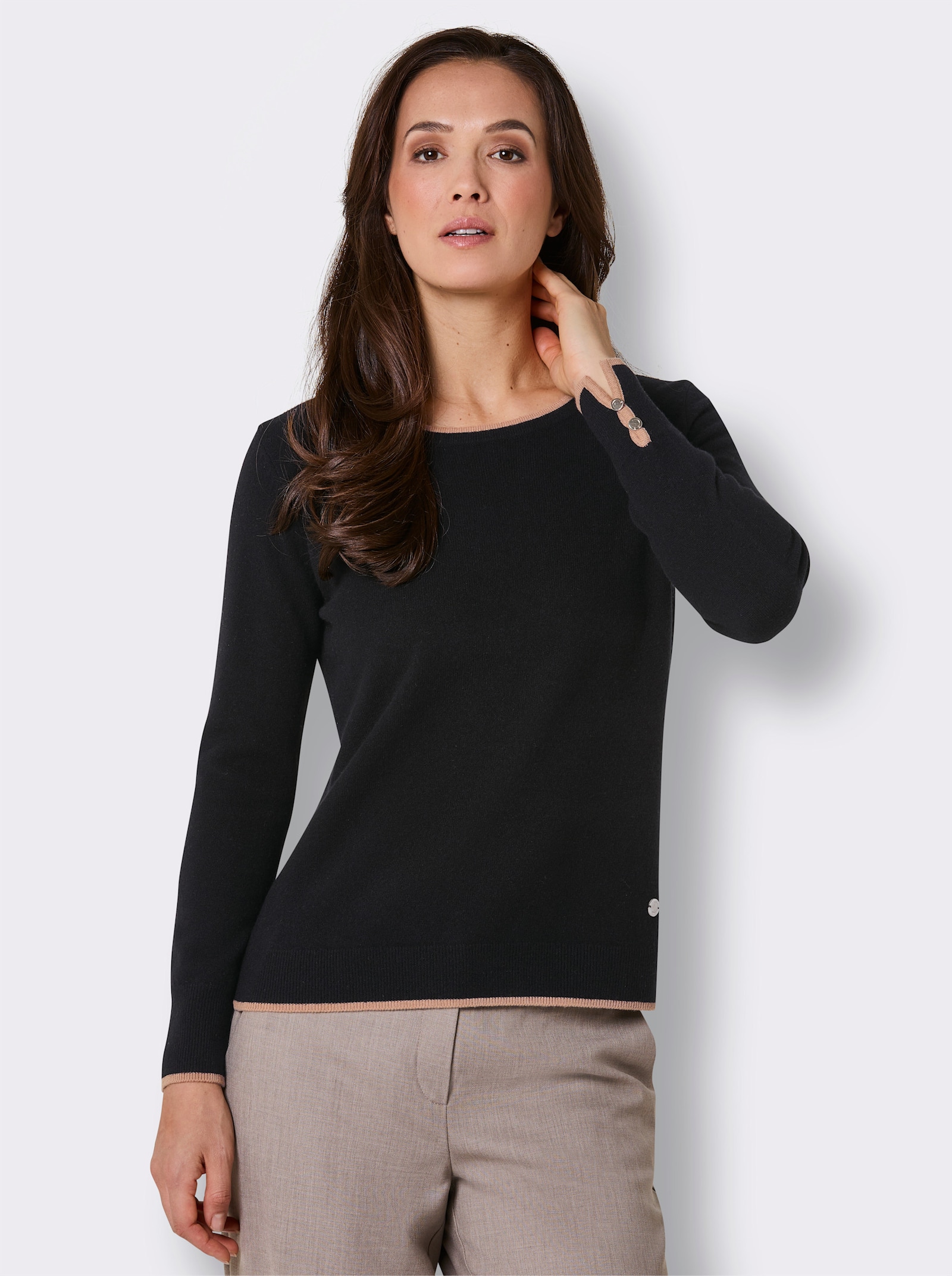 CREATION L PREMIUM Wollpullover mit Kontrastkanten - schwarz-camel
