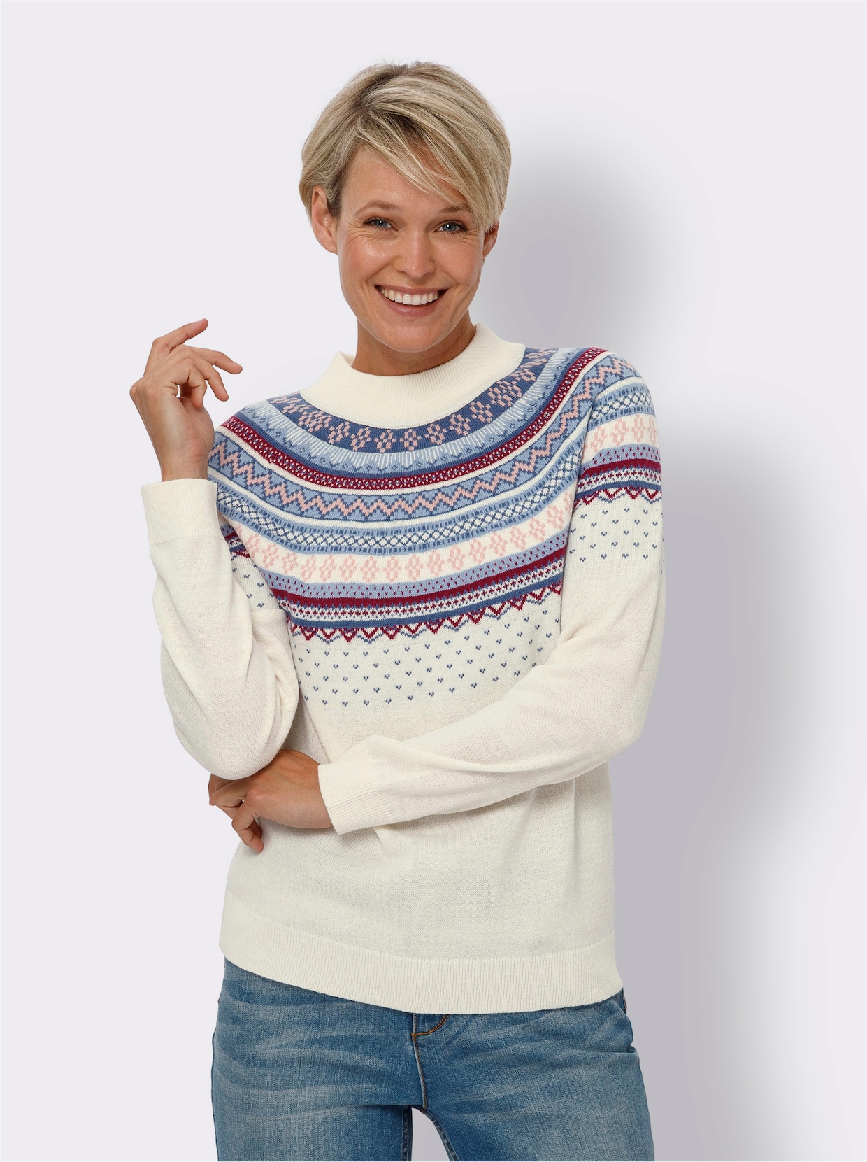Noorse trui van jacquard - champagne/malve gedessineerd