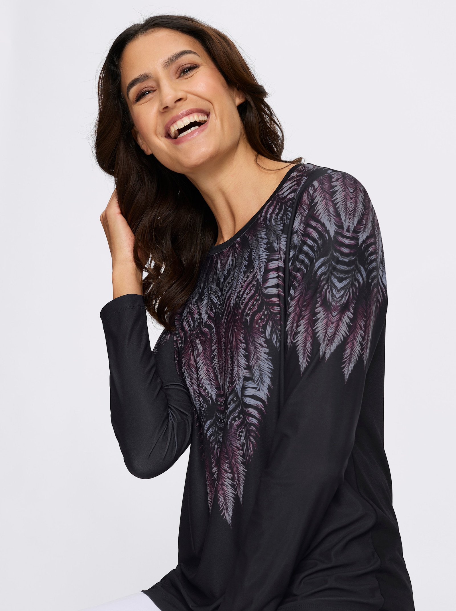 Langarmshirt mit Blättermotiv und Glitzersteinchen - schwarz-hortensie-bedruckt