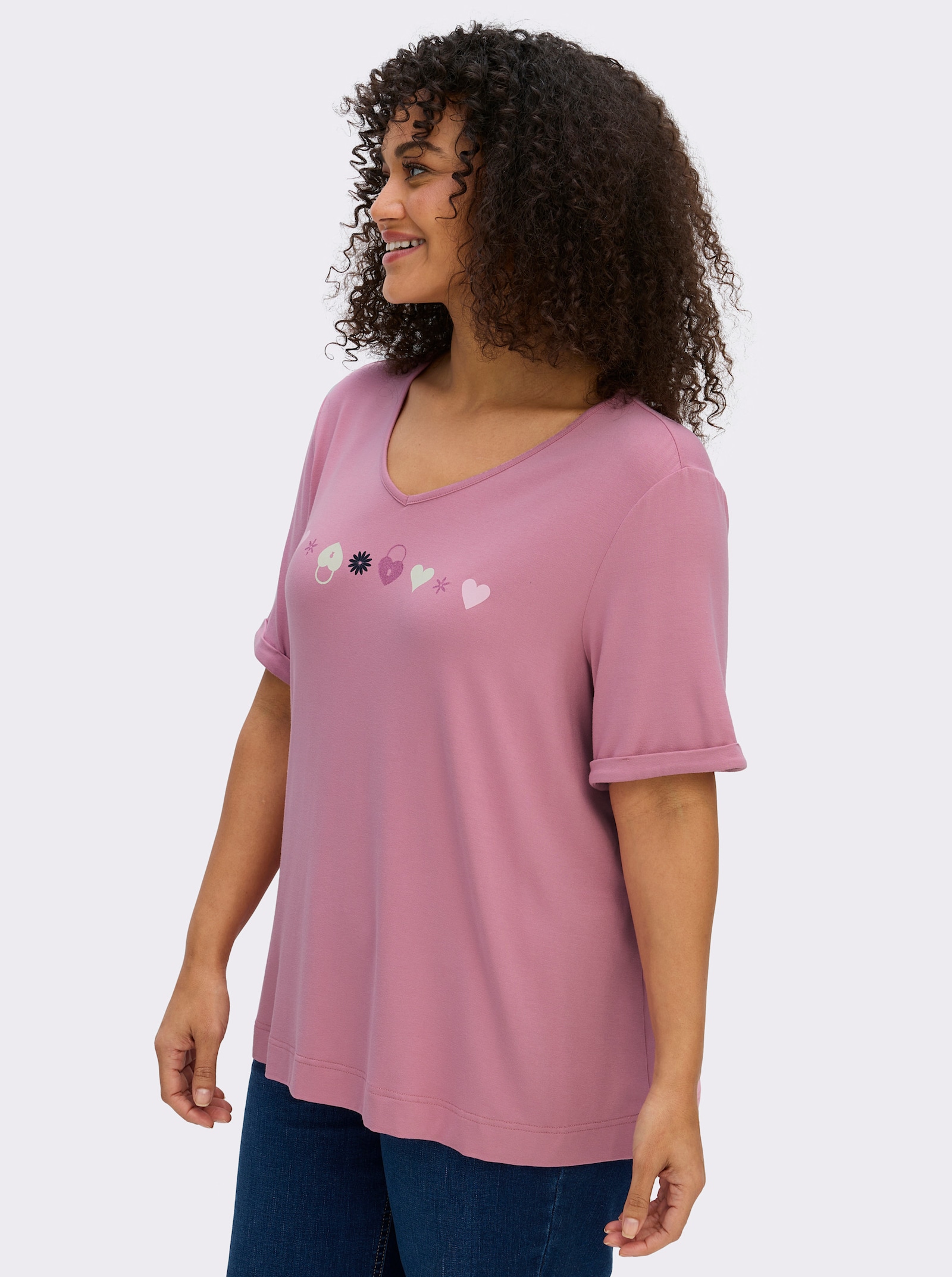 sheego V-Shirt in A-Linie, mit Glitzerdruck - altrosa-bedruckt