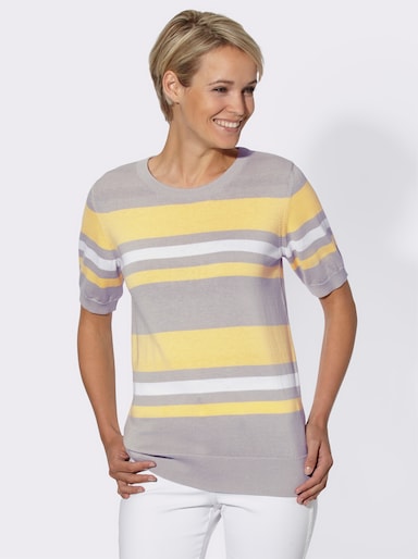 Kurzarmpullover im Blockstreifen-Dessin - hellgrau-zitrone-gestreift