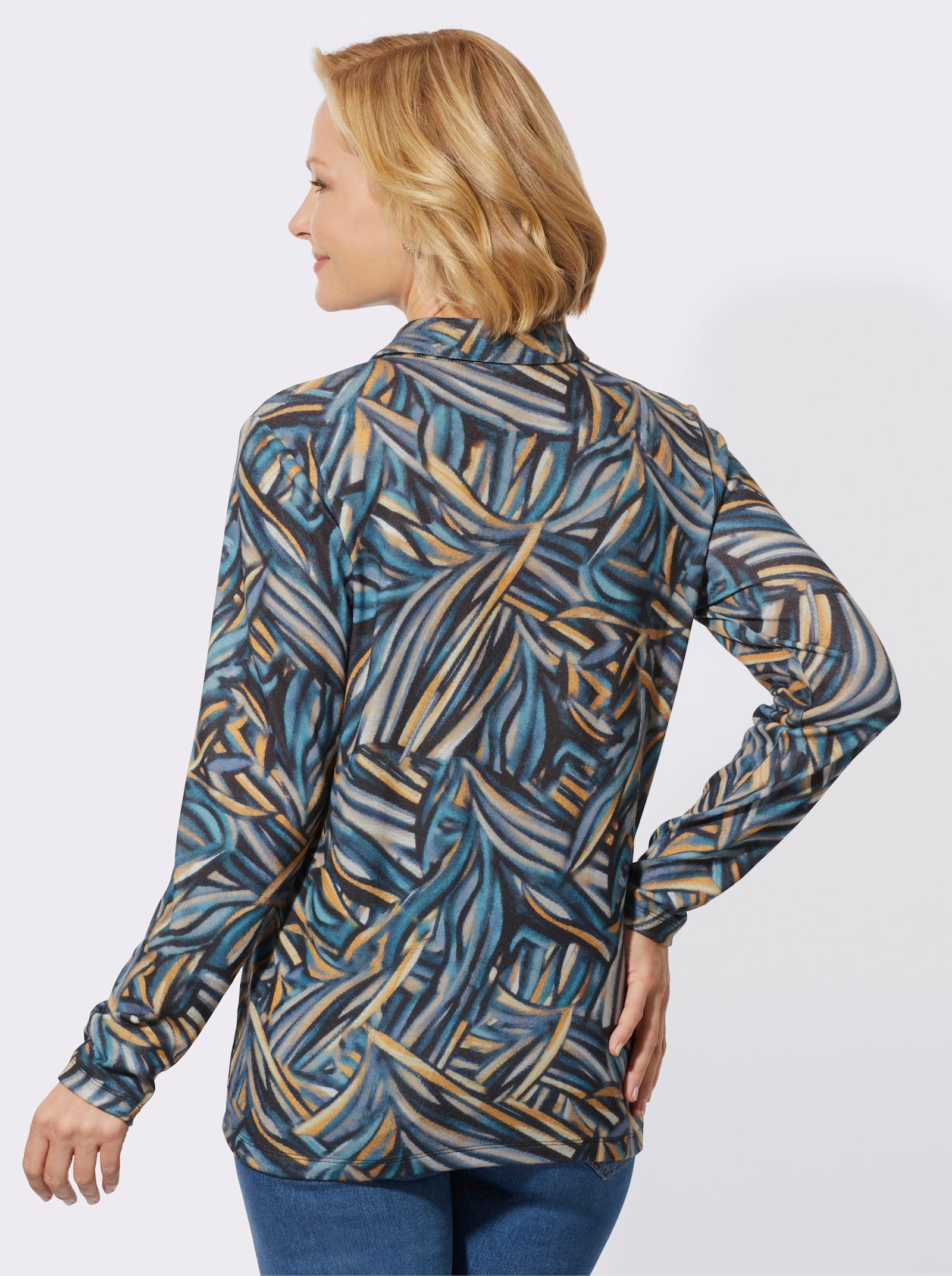 2-in-1-shirt met lange mouwen, onderhoudsarm - petrol/oker bedrukt