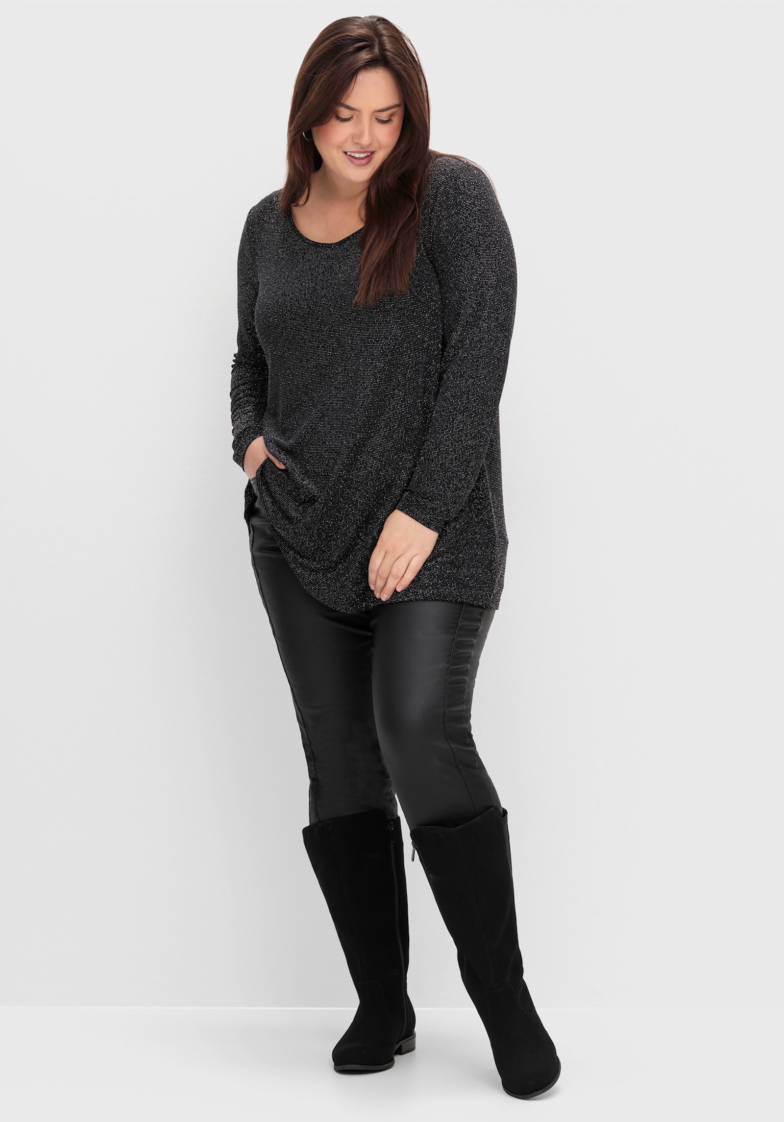 sheego Weitschaftstiefel mit Stretcheinsatz, Velourslederimitat - schwarz