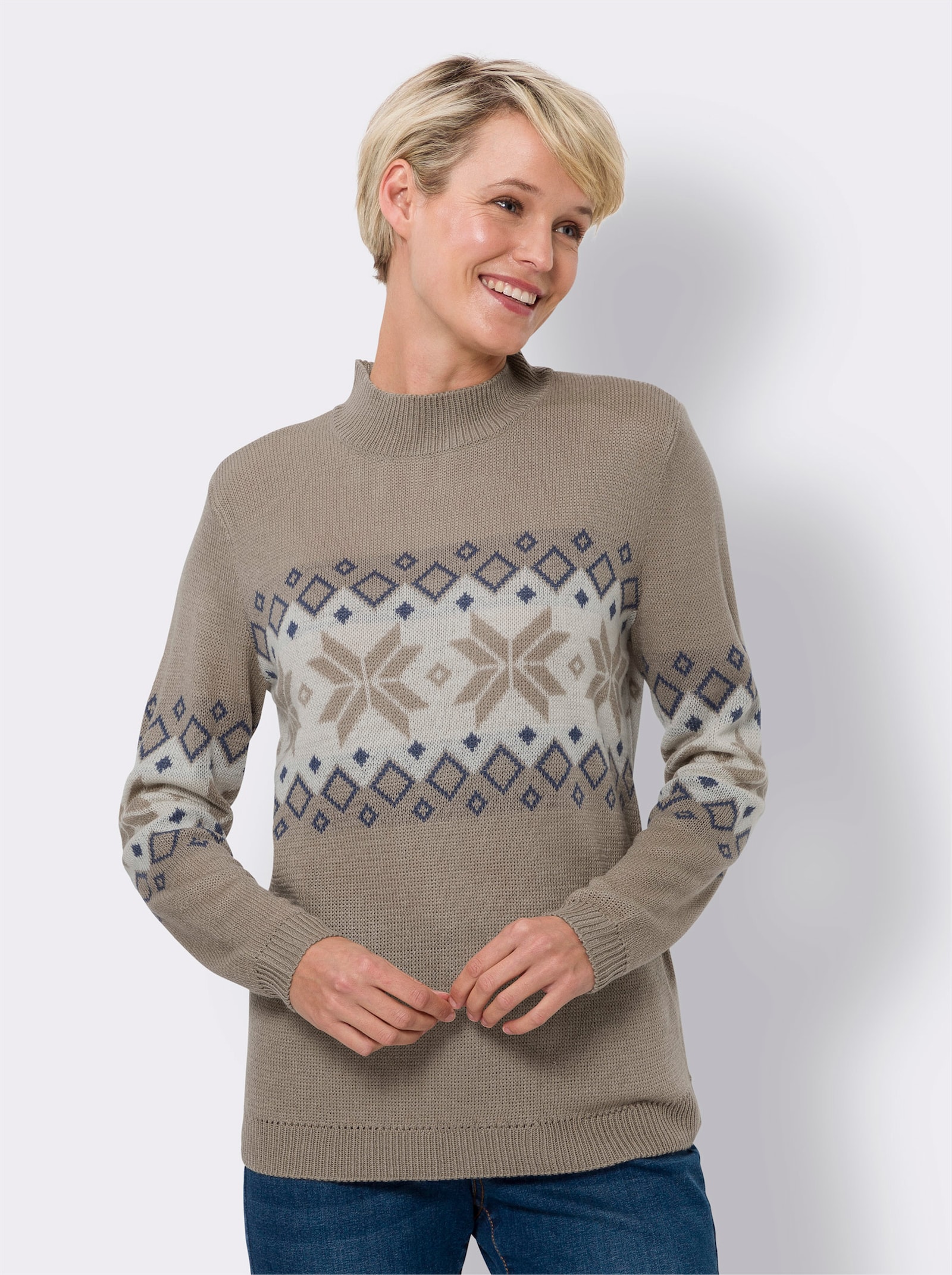 Stehkragenpullover mit Norweger-Muster - sesam-champagner-gemustert