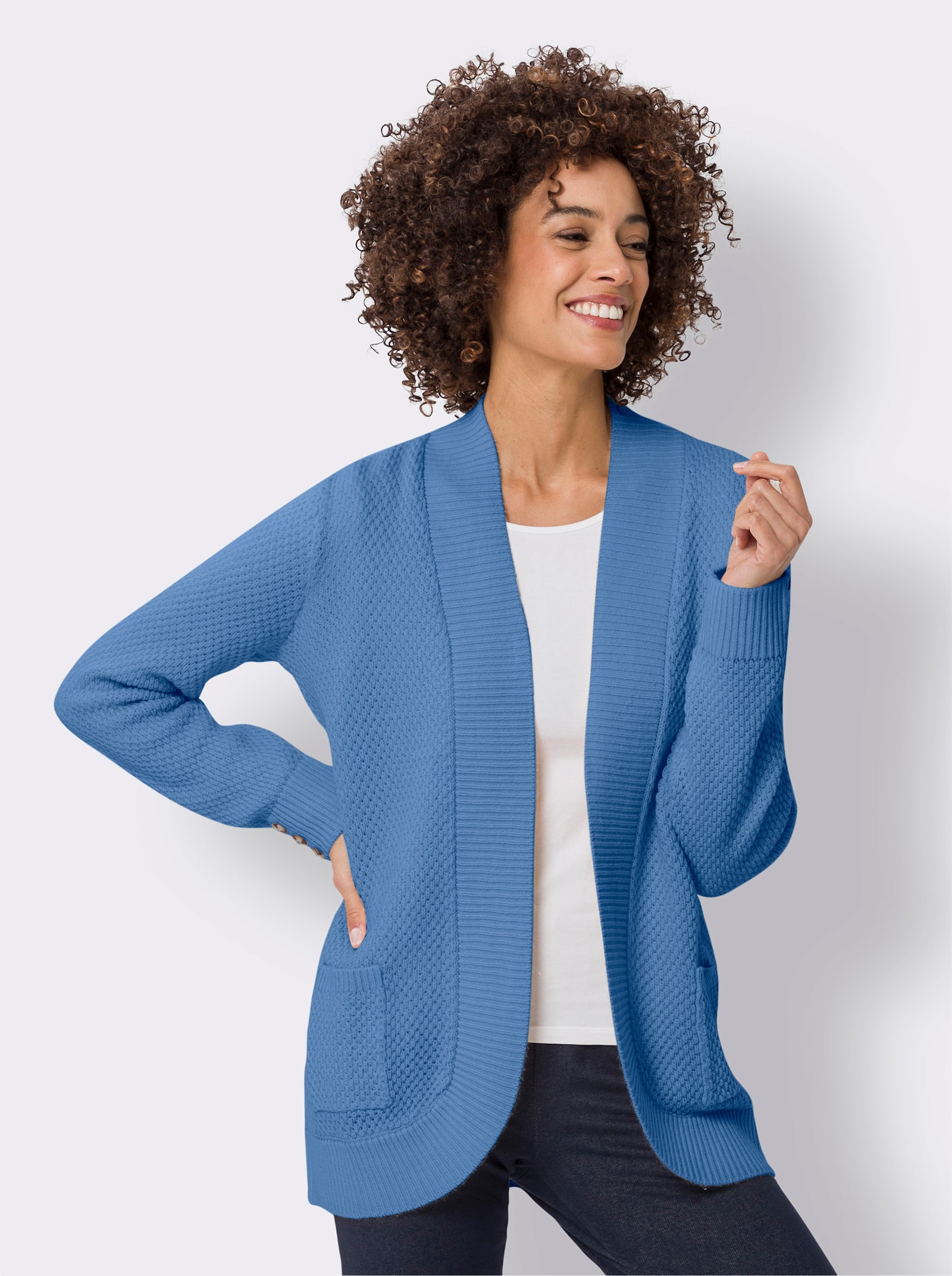 Strickjacke mit breiter Rippe - mittelblau