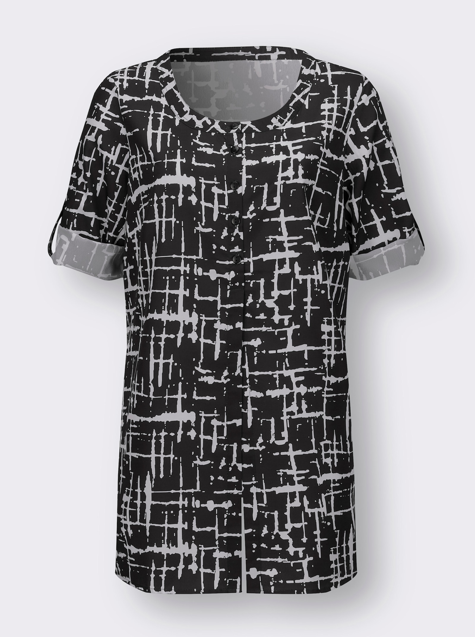 Dlouhá halenka s vysokými bočními rozparky - černá-ecru-potisk