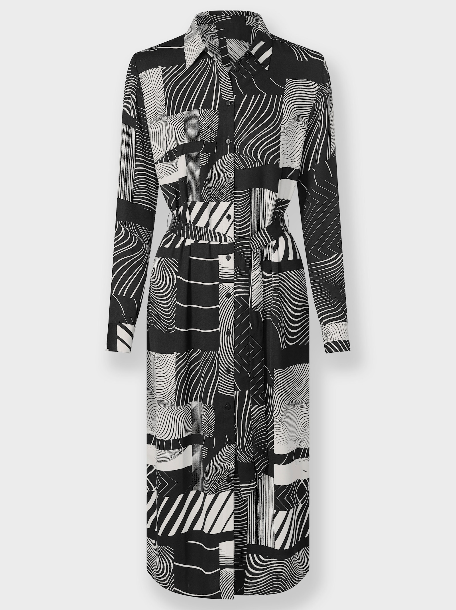 heine Druckkleid mit Stoffgürtel - schwarz-ecru-bedruckt