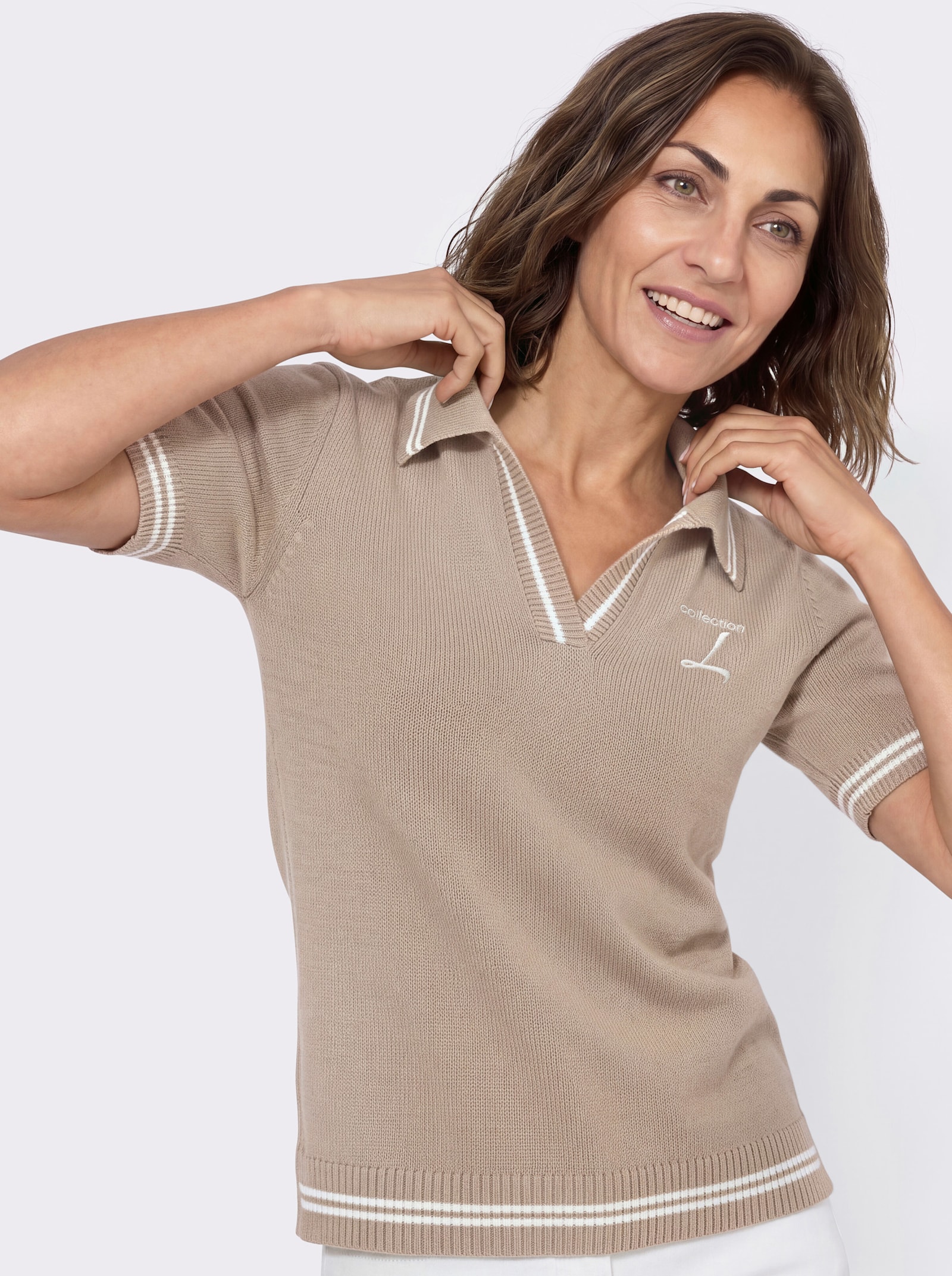 Polopullover mit Seitenschlitzen - sesam-ecru-geringelt