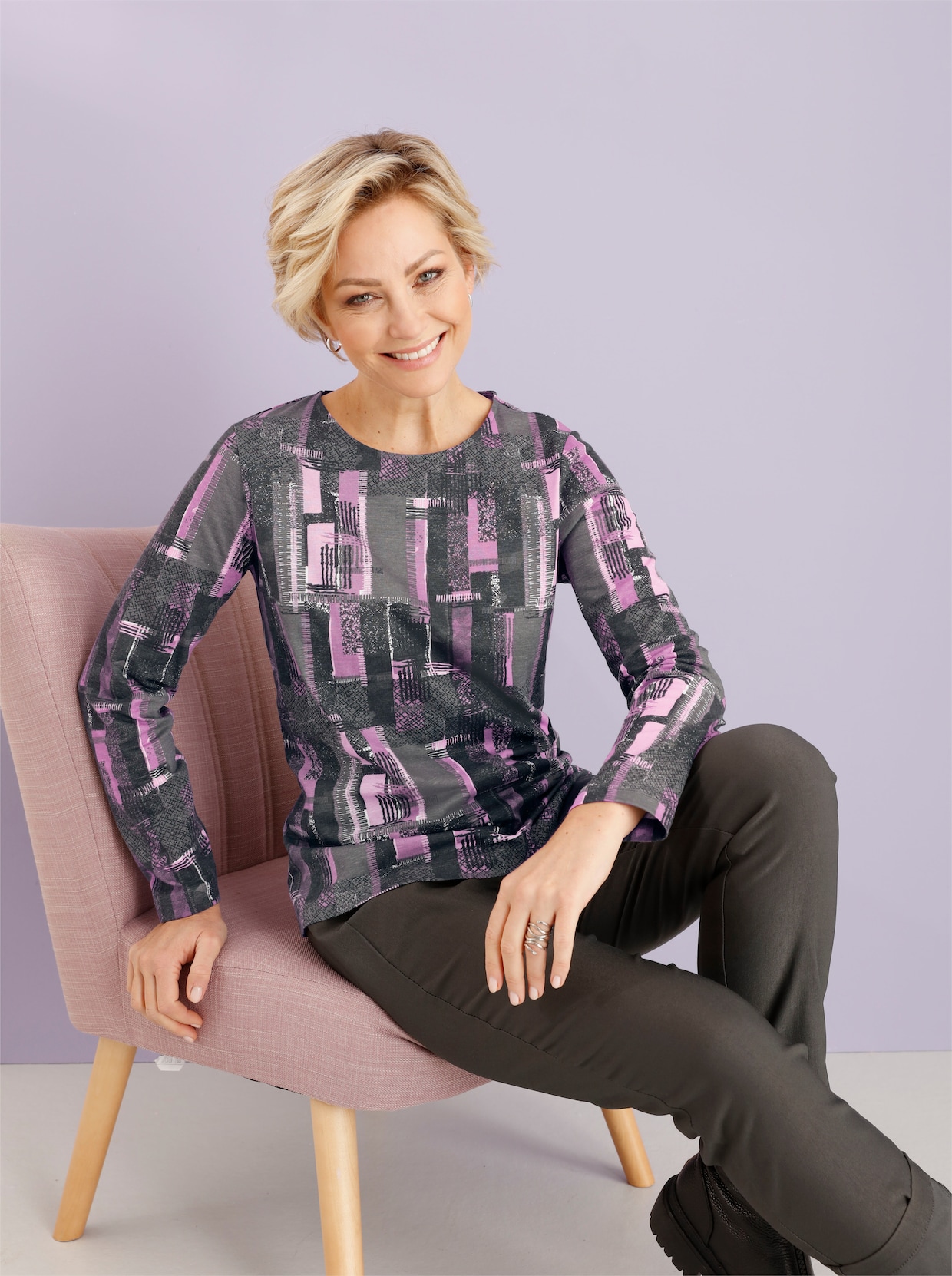 Shirt met print - antraciet/violet gedessineerd