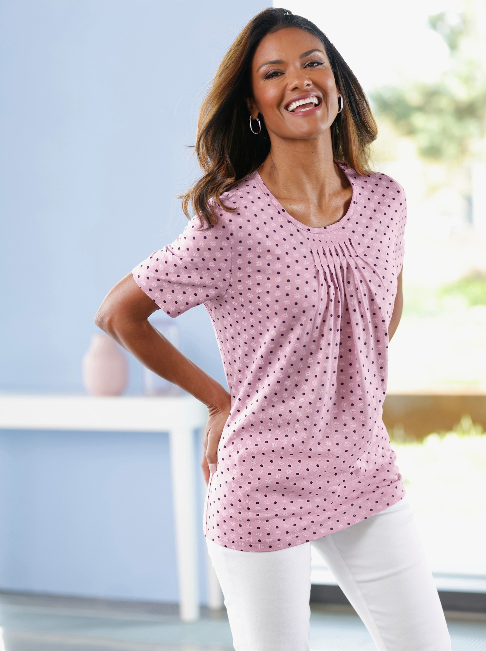 Kurzarmshirt im Minimaldessin - rosé-gemustert