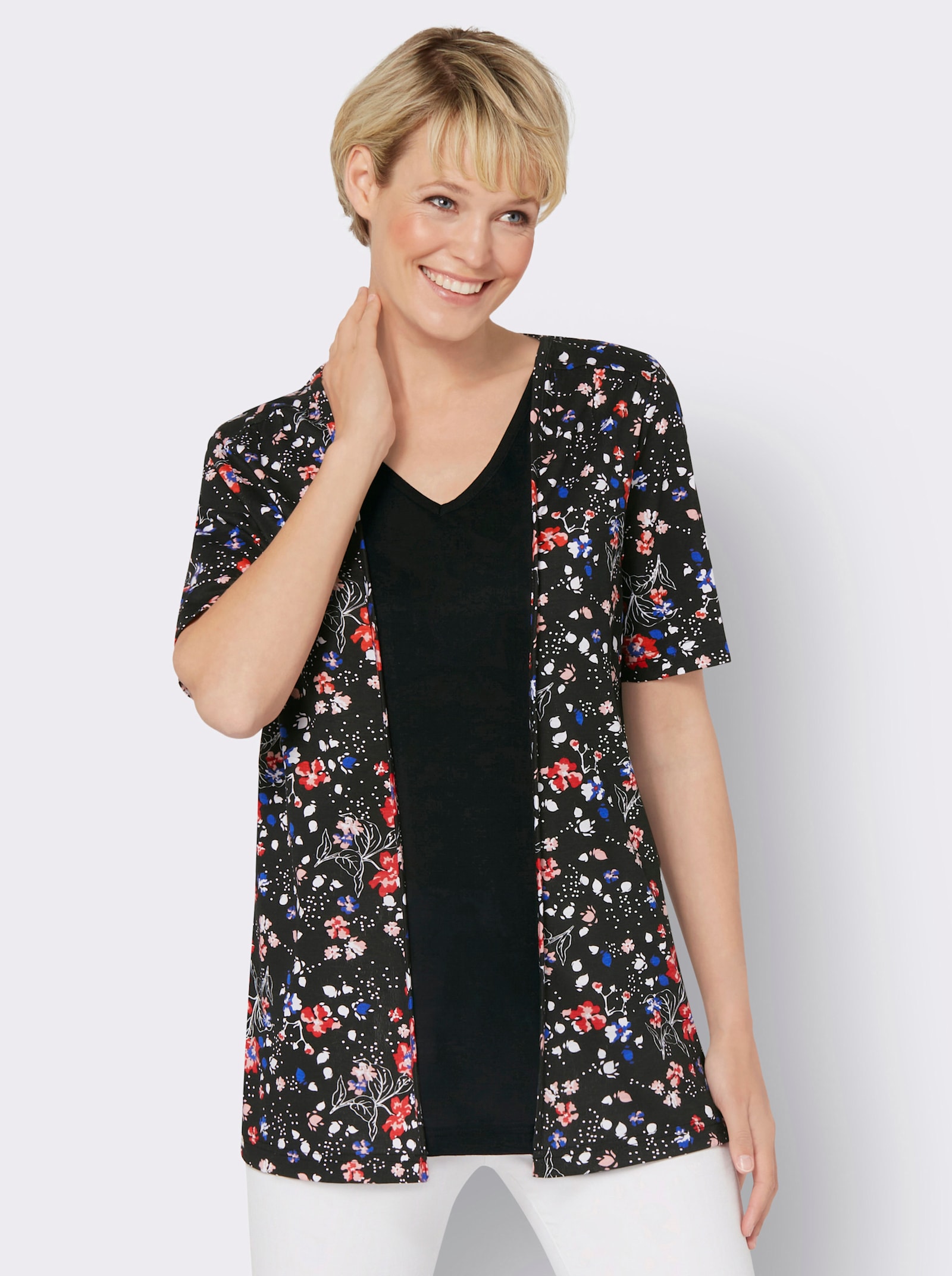 2-in-1-shirt in langer model, pure viscose - zwart/aardbei bedrukt