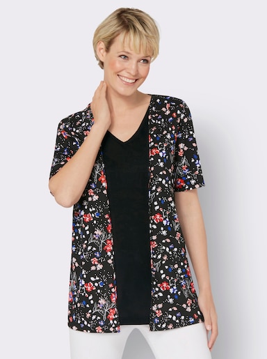 2-in-1-Shirt in längerer Form, reine Viskose - schwarz-erdbeere-bedruckt