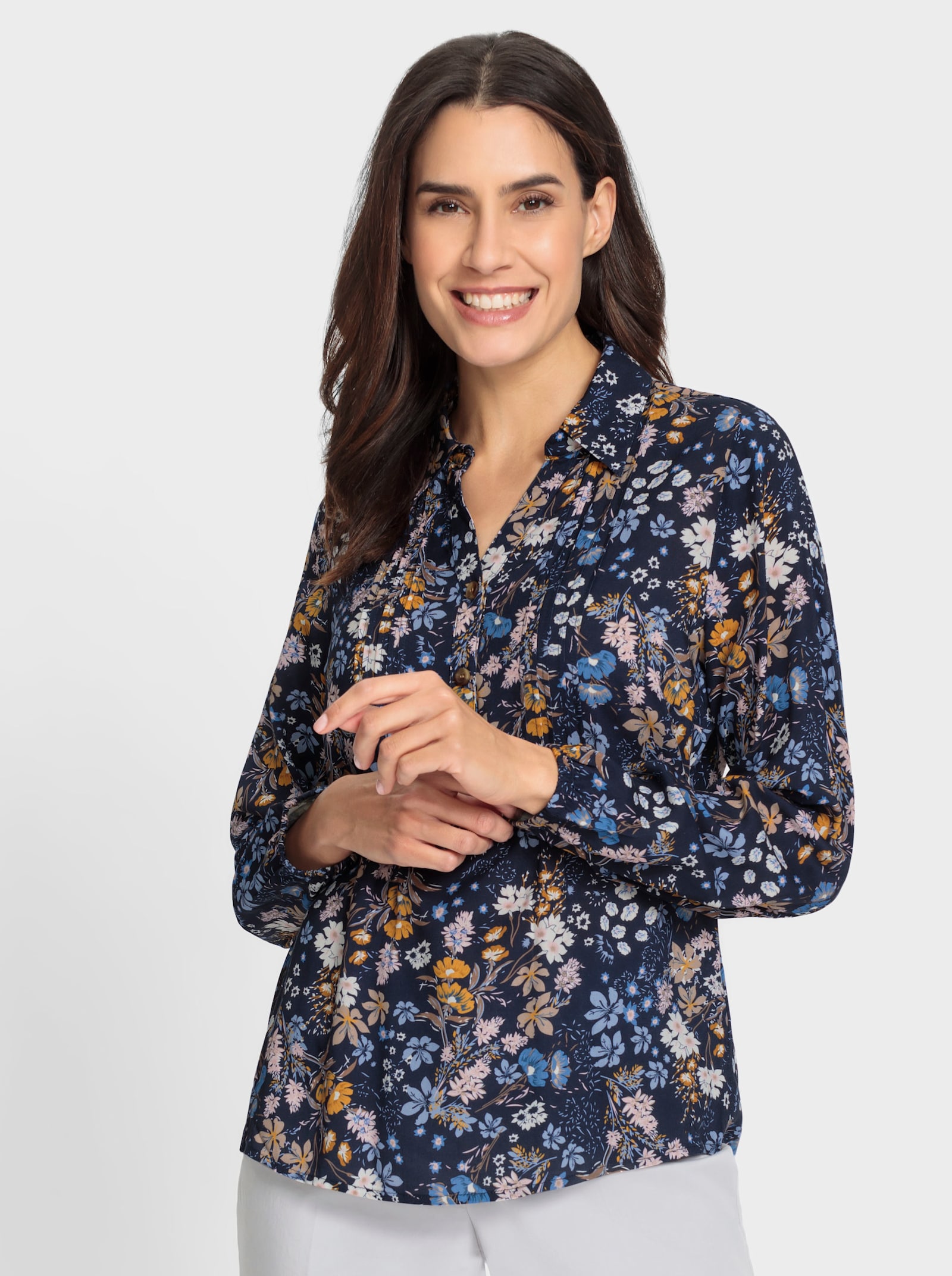 Comfortblouse met biezen - marine/sesam bedrukt