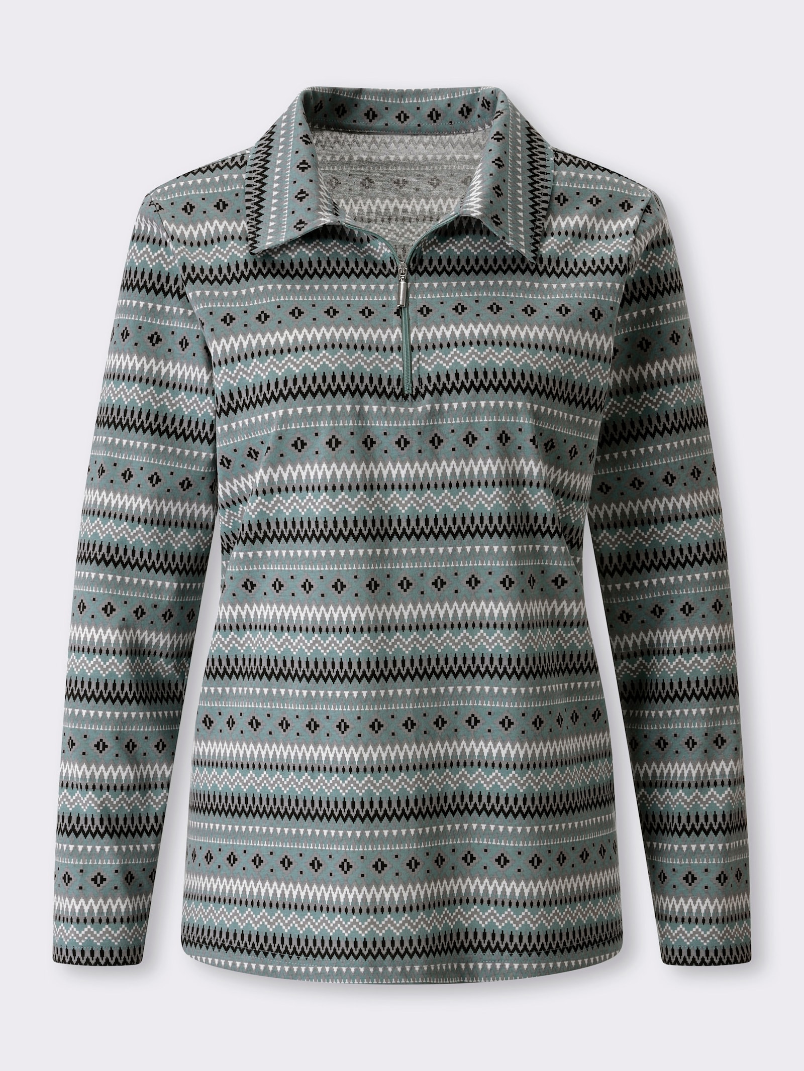 Langarmshirt mit Polokragen - jade-ecru-bedruckt