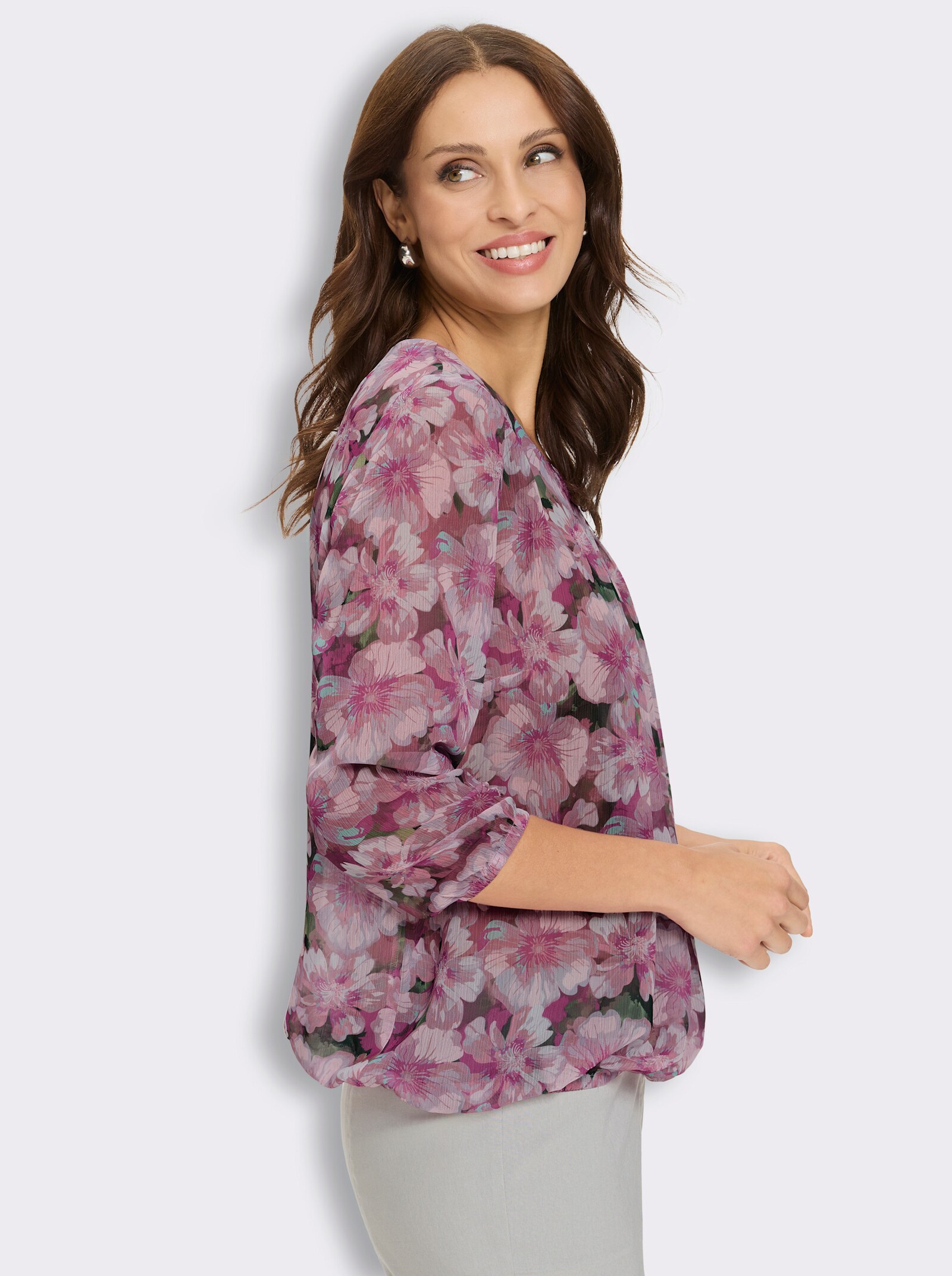Schlupfbluse aus leicht transparenter Chiffon-Qualität - hellrosé-eucalyptus-bedruckt