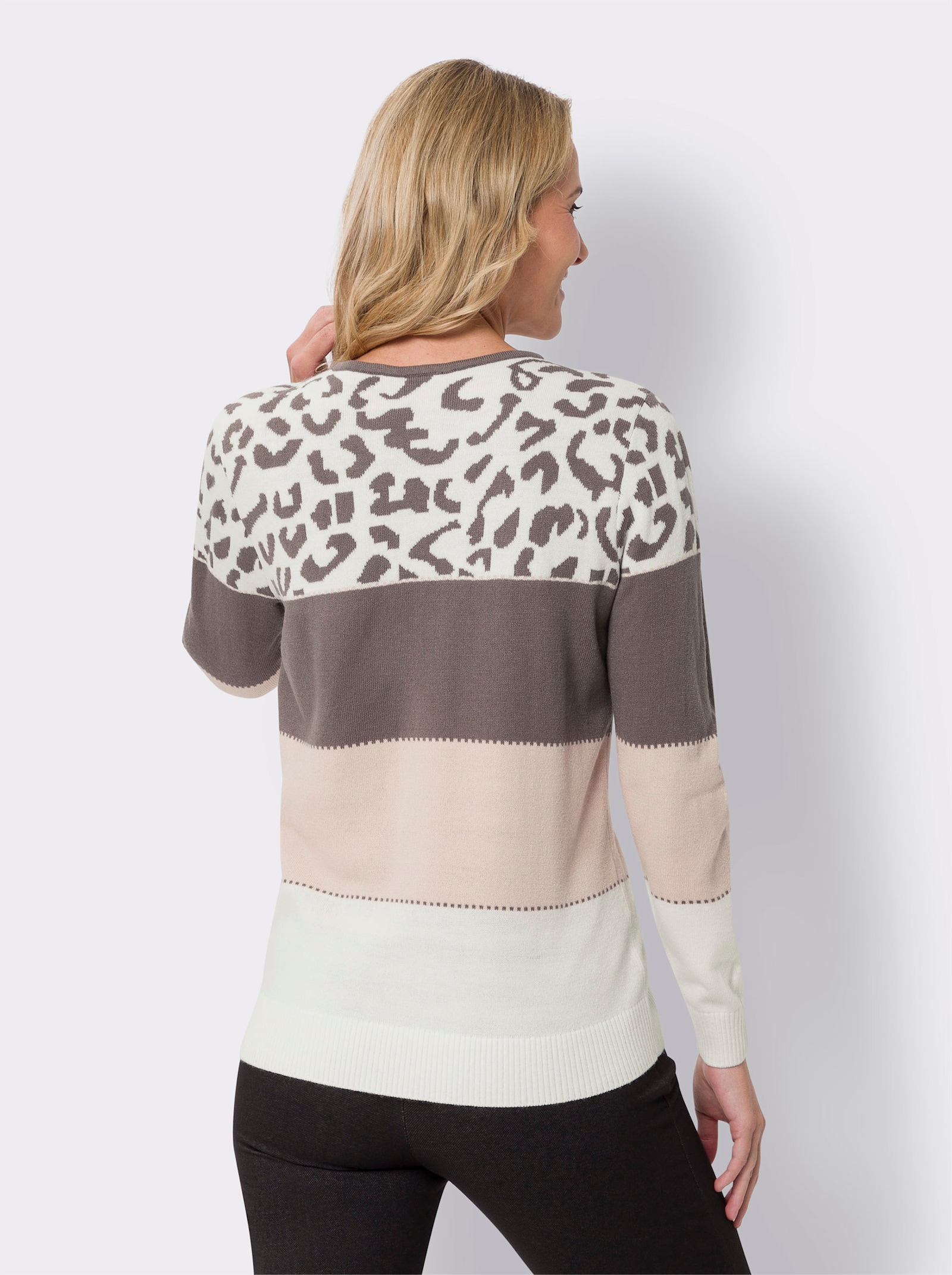 Pullover met ronde hals en luipaardmotief - ecru/donkertaupe gedessineerd
