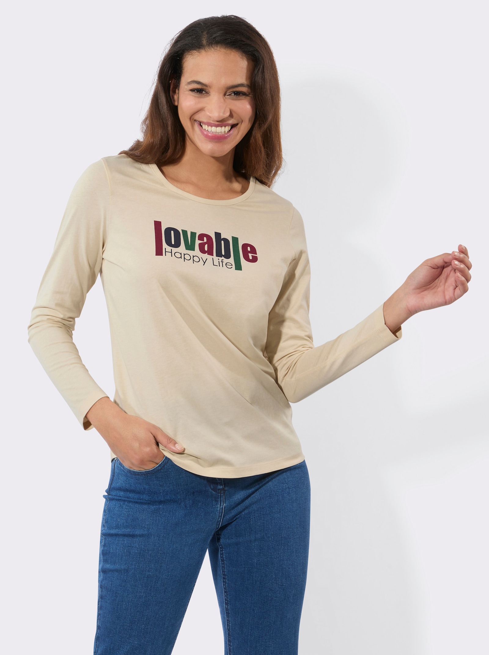 Langarmshirt mit Frontdruck - sand