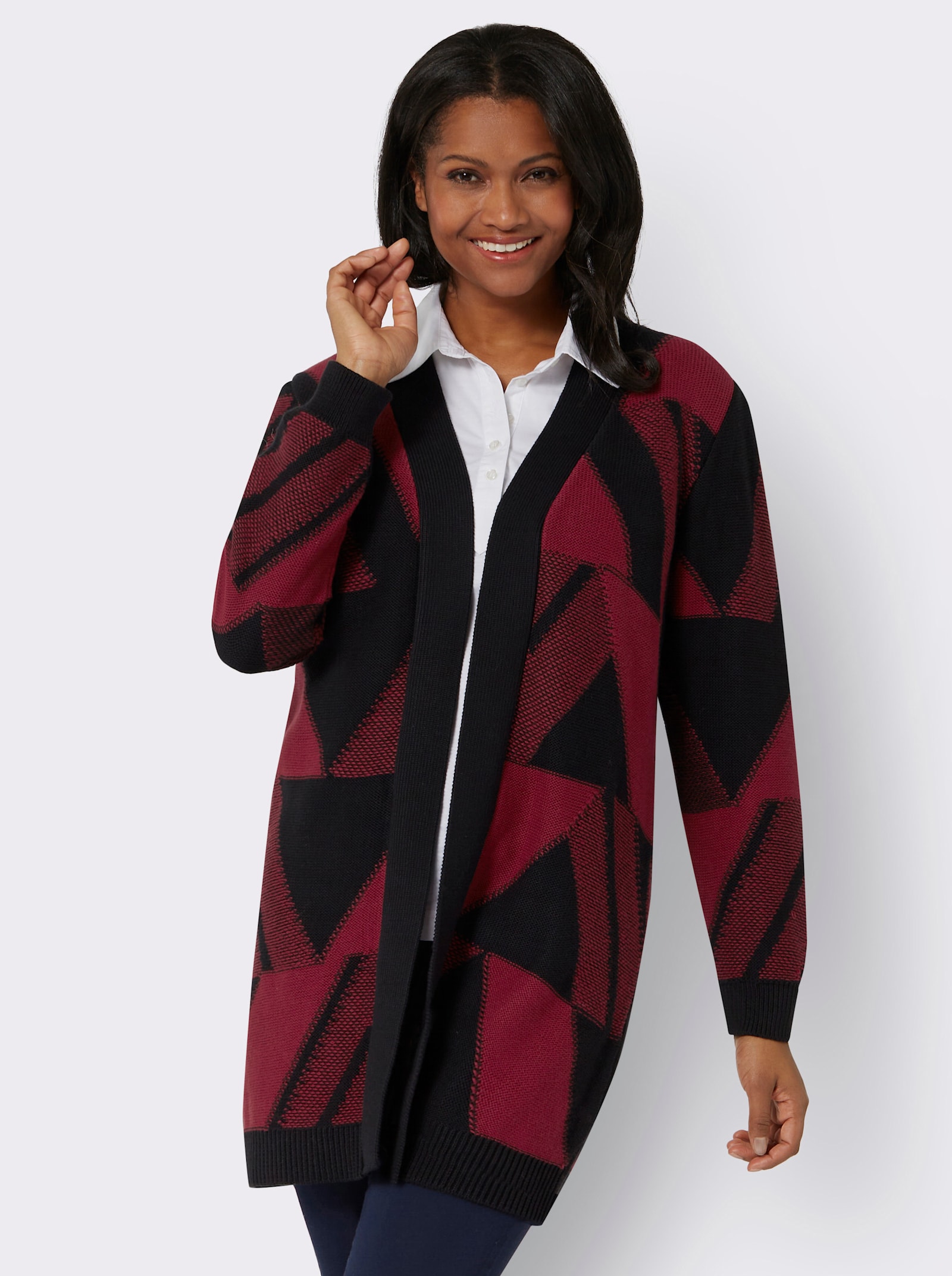 Gebreide mantel met jacquardpatroon, grafisch - donkerrood/zwart gedessineerd