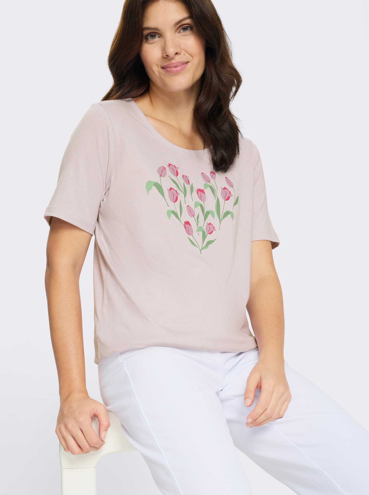 Kurzarmshirt mit platziertem Tulpen-Druck - hellrosé-fuchsia