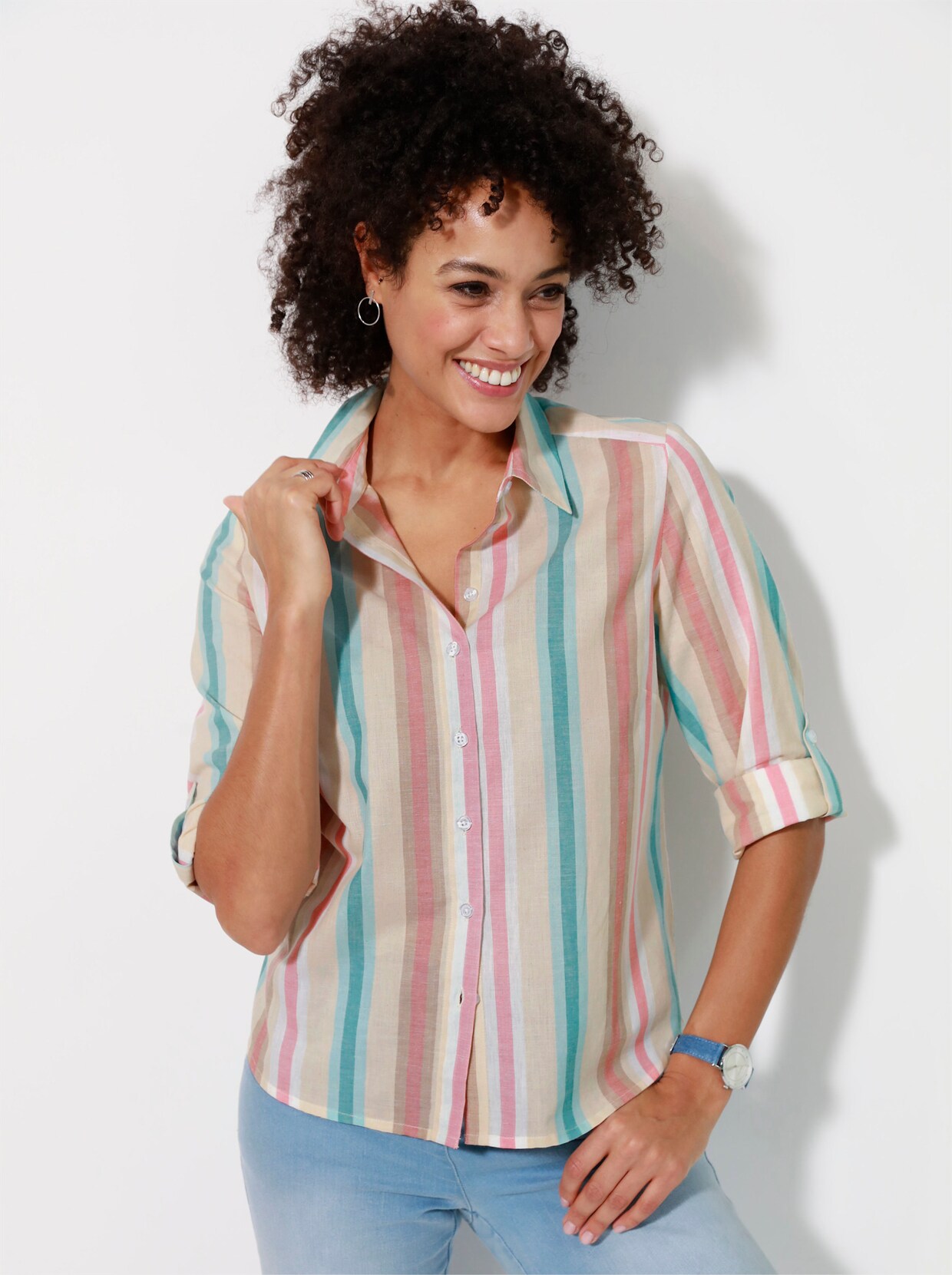 Blouse met lange mouwen - ecru/zand gestreept