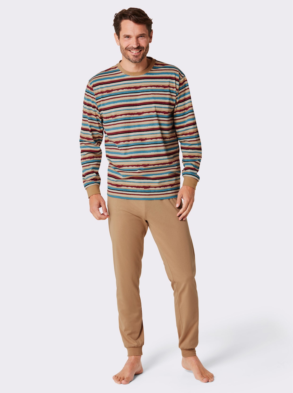 wäschepur men Pyjama - camel-donkerrood-bedrukt