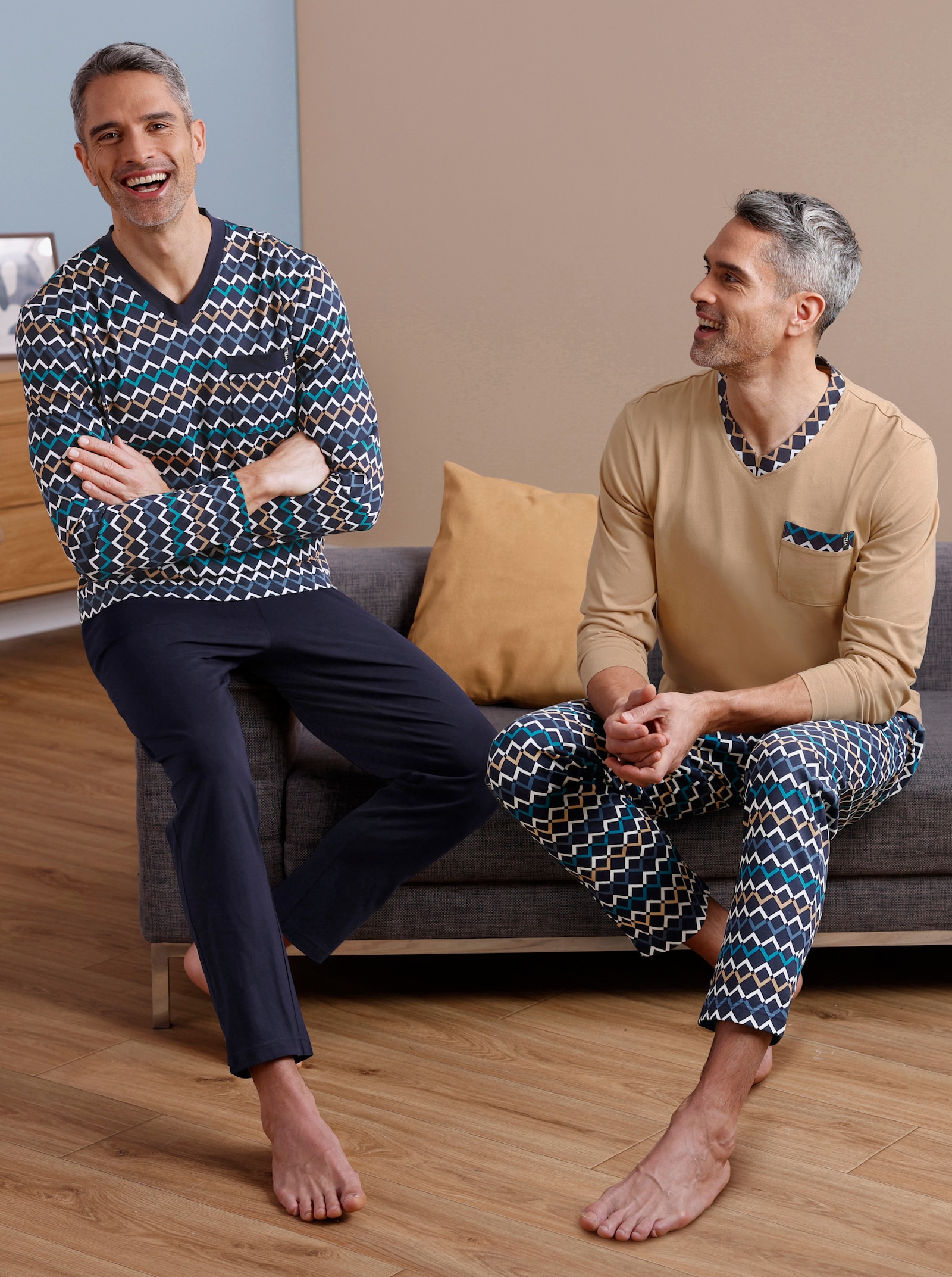 wäschepur men Pyjama's - marine bedrukt + camel bedrukt