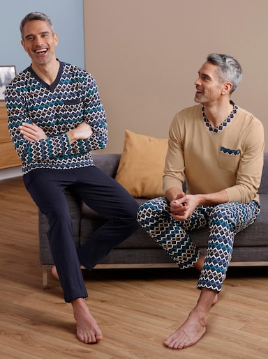 wäschepur men Pyjama's - marine bedrukt + camel bedrukt