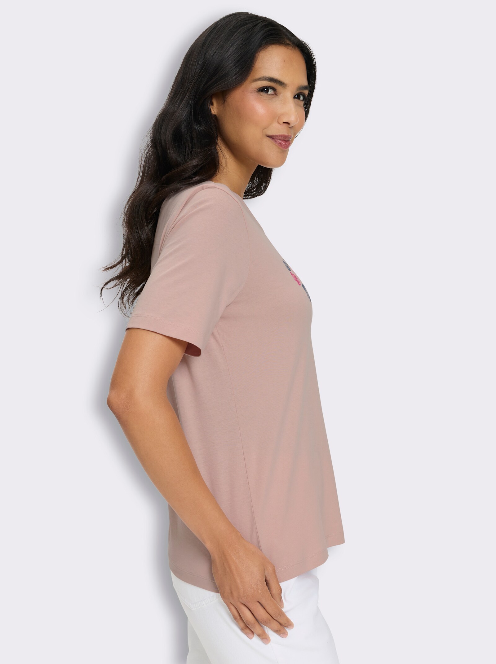 Kurzarmshirt mit Herz-Motiv aus Blüten - puder-fuchsia