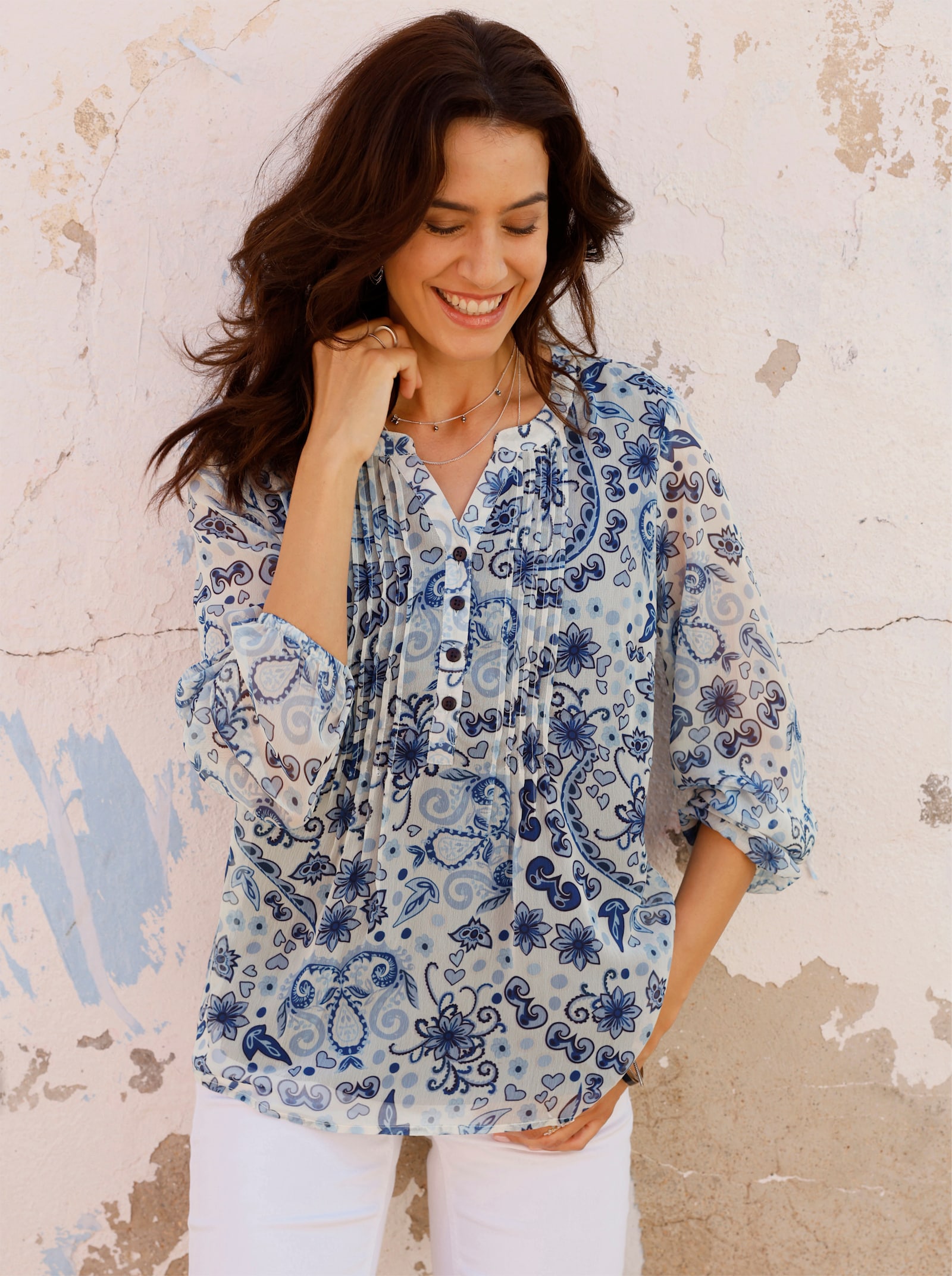 Schlupfbluse mit transparenten Ärmeln - champagner-royalblau-bedruckt