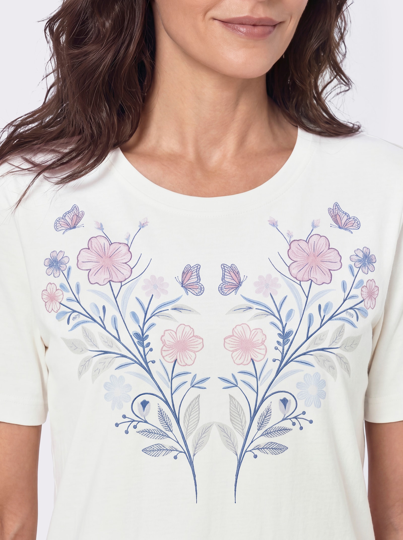 Kurzarmshirt mit Blüten- und Schmetterlingsmotiv - ecru
