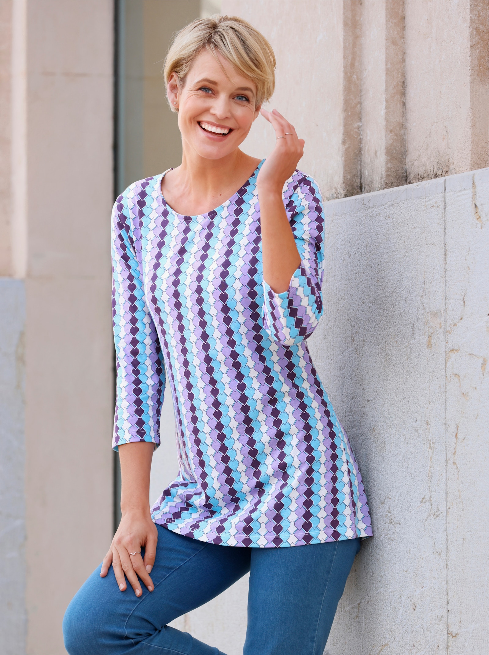 Shirt met 3/4-mouwen in langer model - lavendel/aqua bedrukt