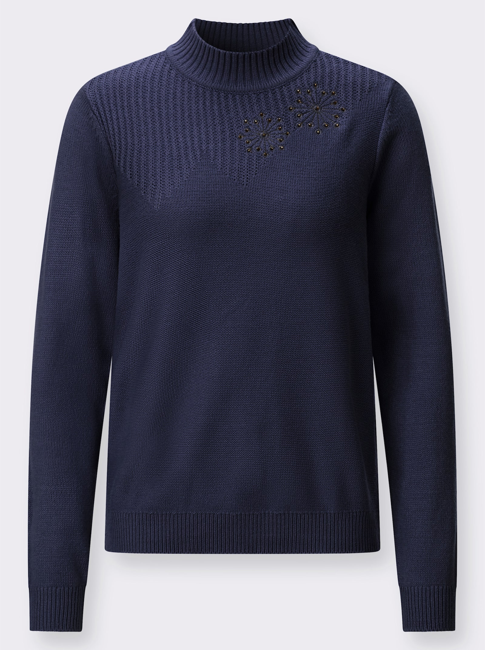 Stehkragenpullover mit Blütenstickerei - marine