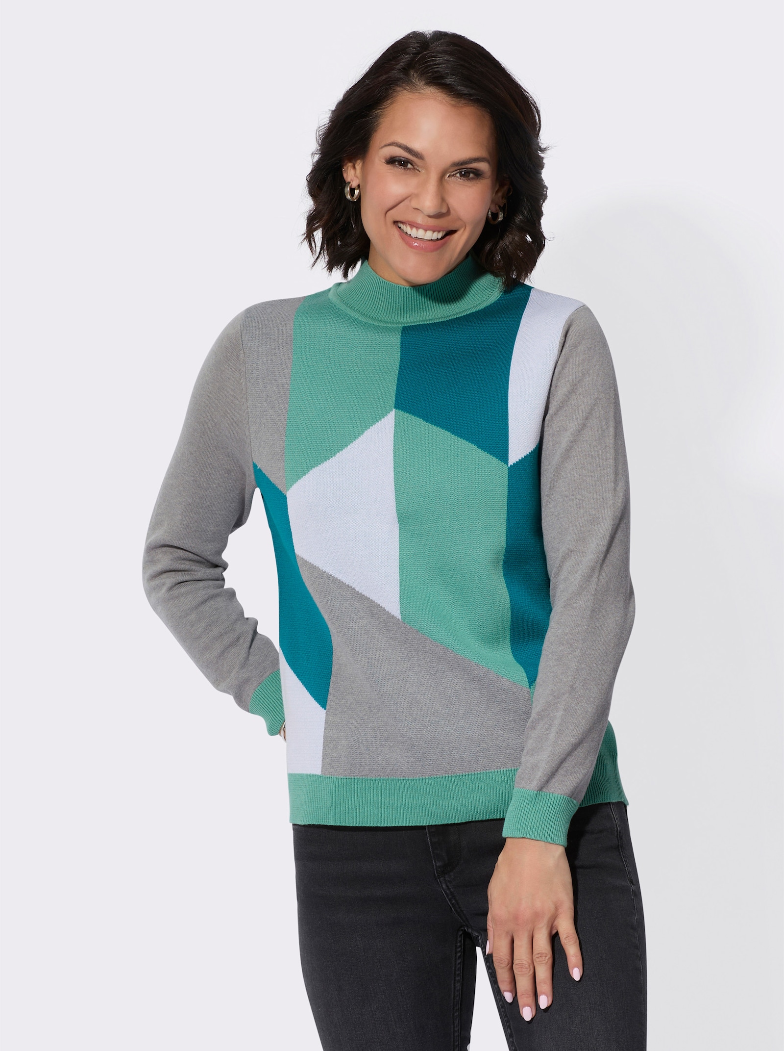 Pullover mit Intarsienstrick - salbei-aquapetrol-gemustert