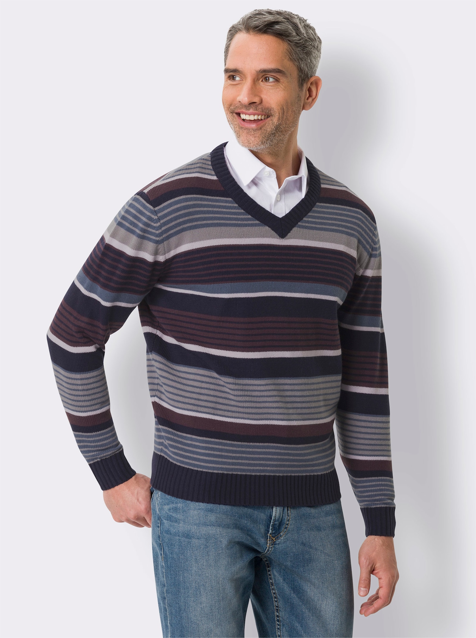 Pullover met V-hals en streepjespatroon - aubergine/marine gedessineerd