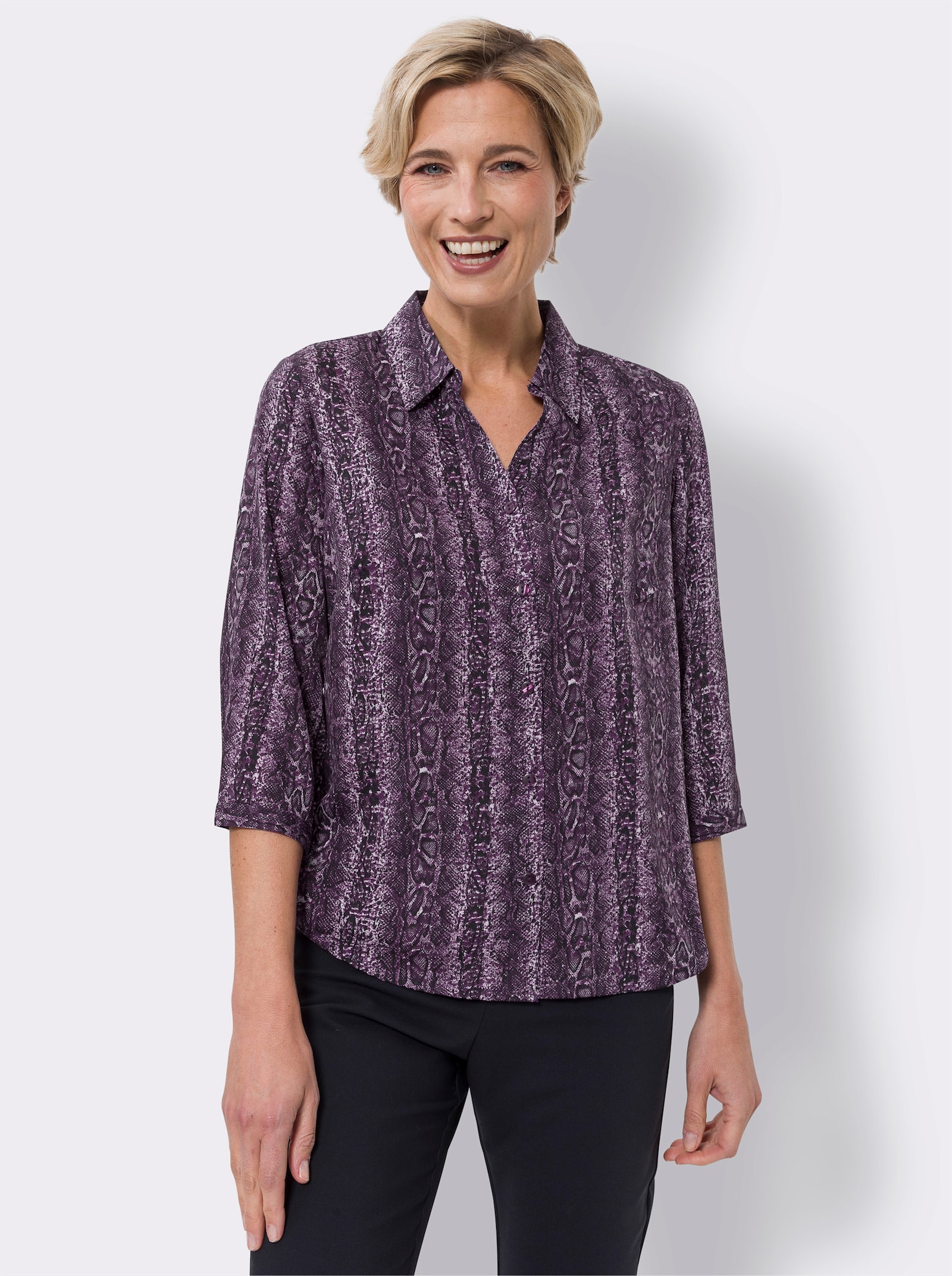 Blus med tryck, reptilmönster - druva-syren-tryck