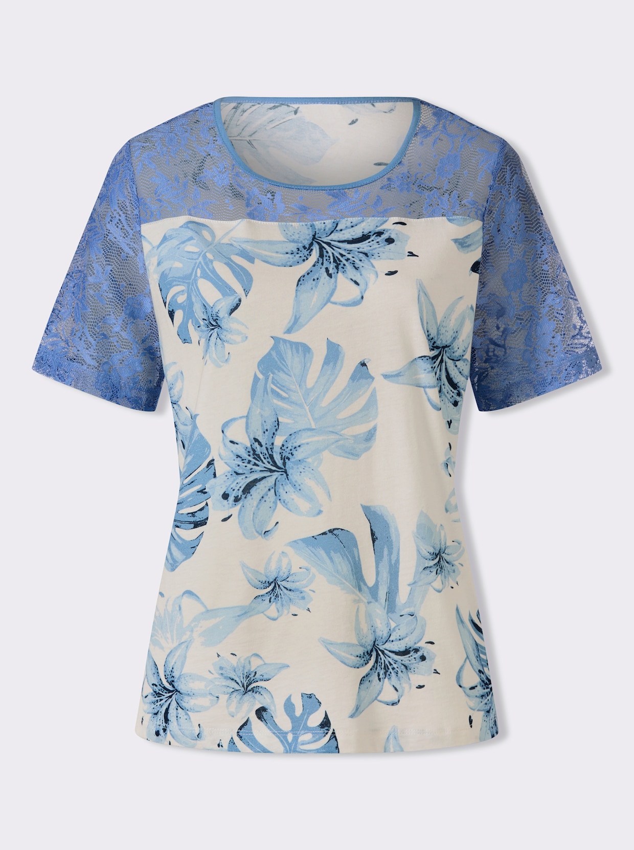 Spitzenshirt im floralen Dessin - eisblau-champagner-bedruckt
