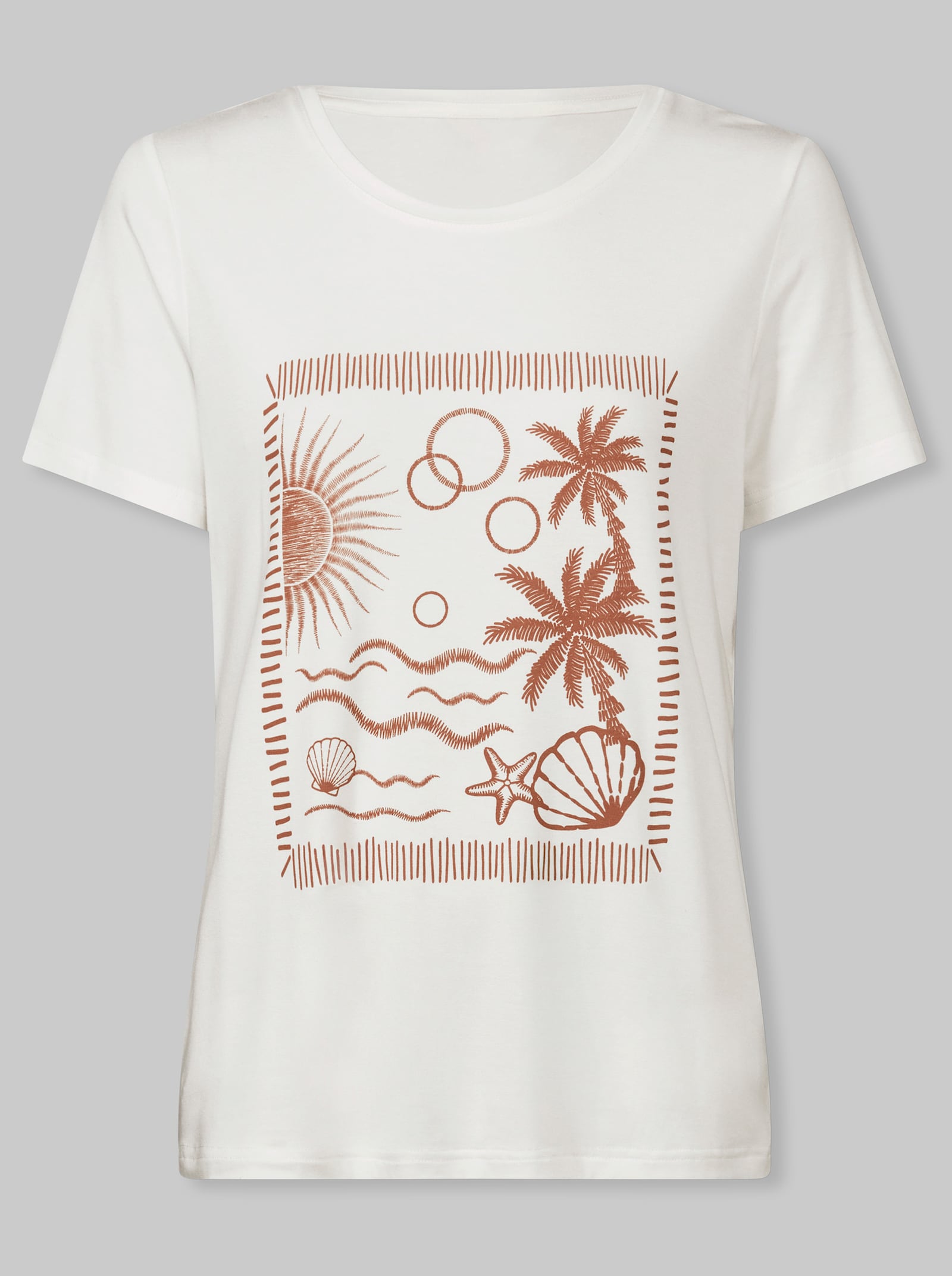 heine Kurzarmshirt mit Strand-Motiv - cognac-ecru-gemustert