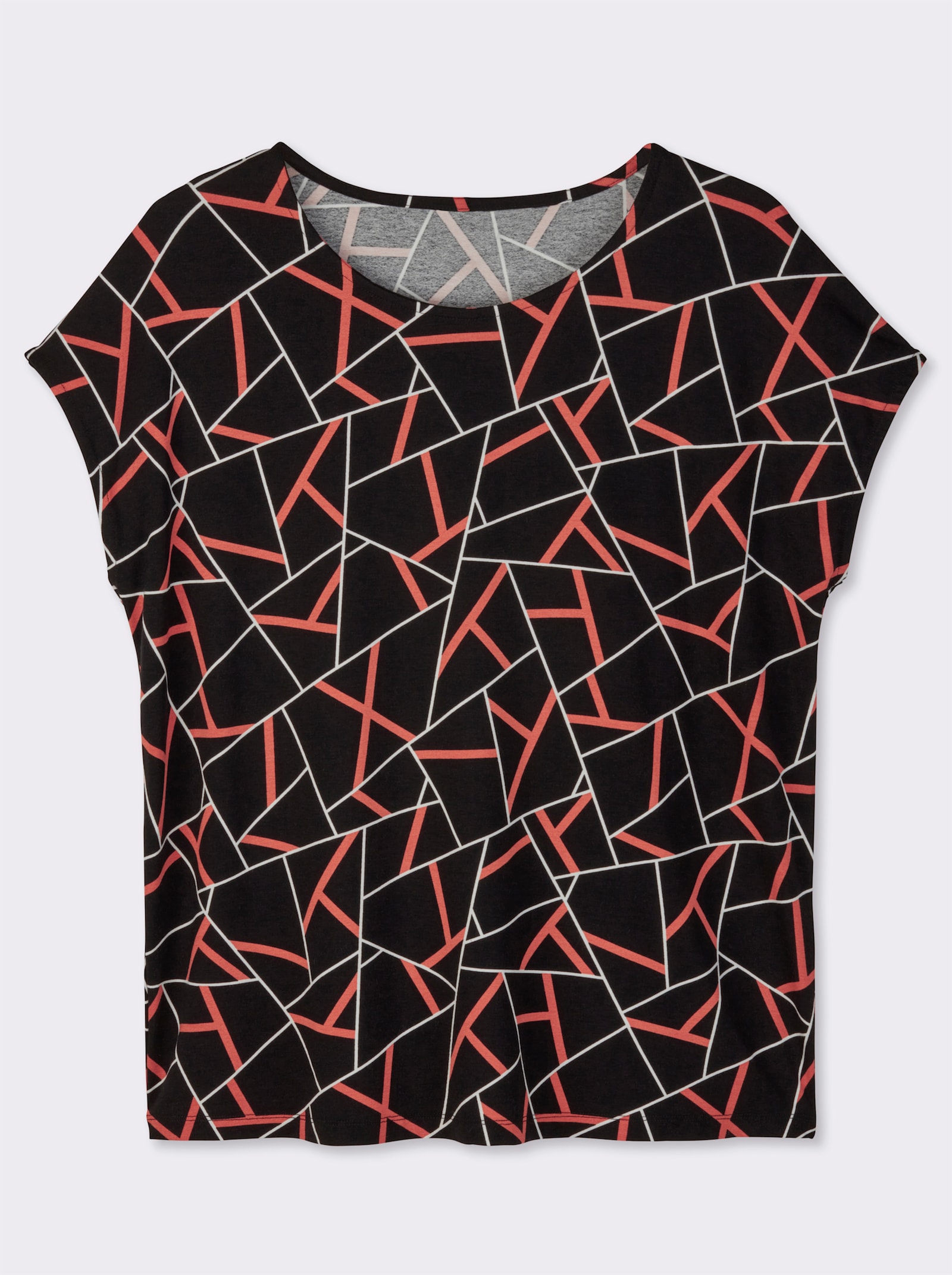 Kurzarmshirt mit grafischem Dessin - schwarz-papaya